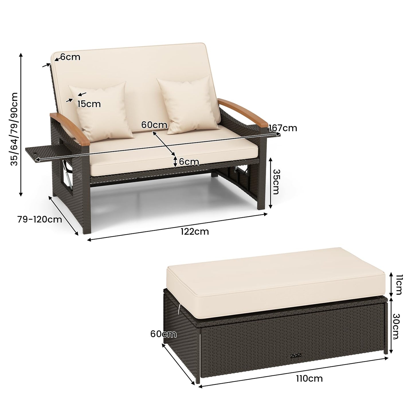 Patio Double Chaise Lounger Sun Bed with 4-Level Adjustable Back