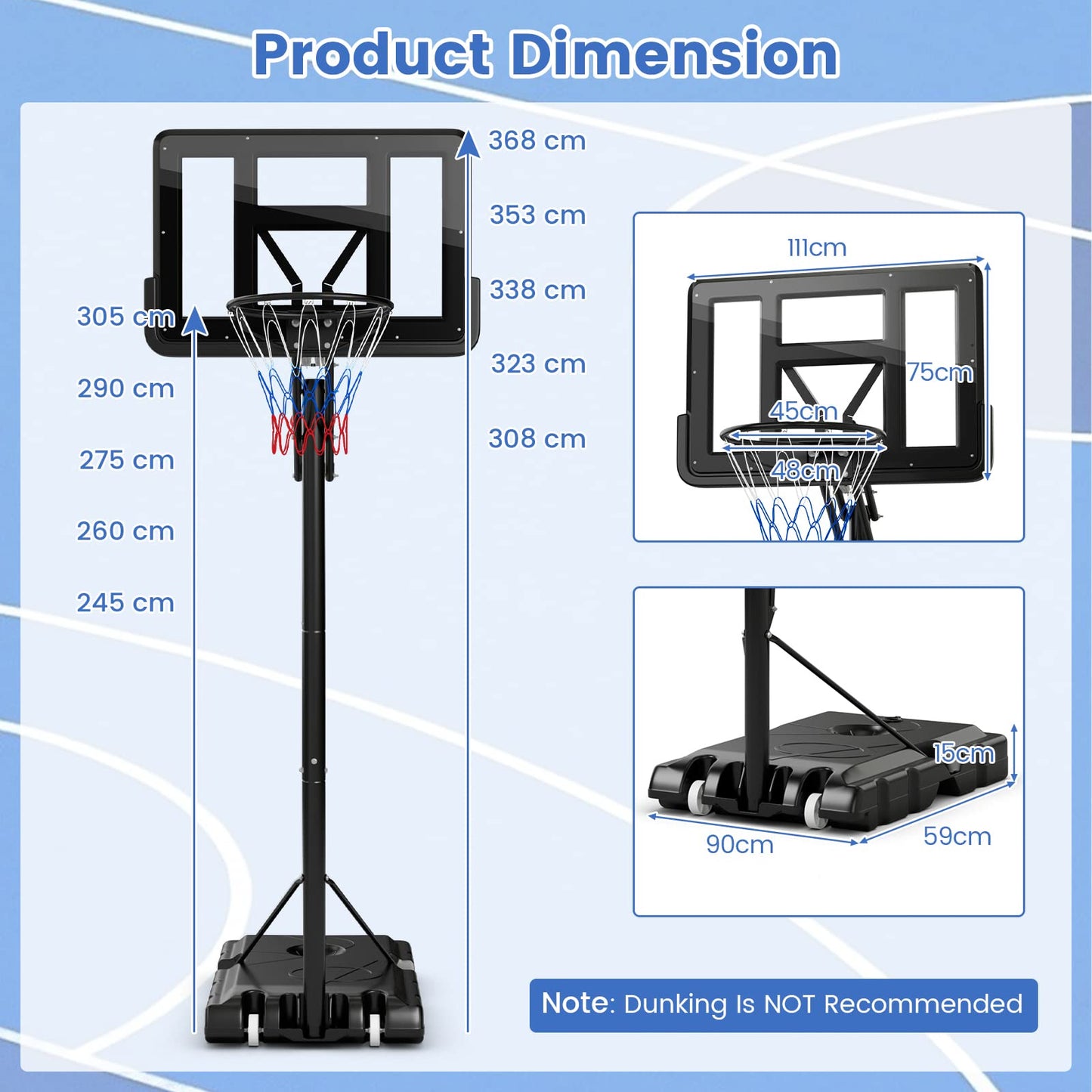 10ft Basketball Backboard Hoop Net Set with Wheels