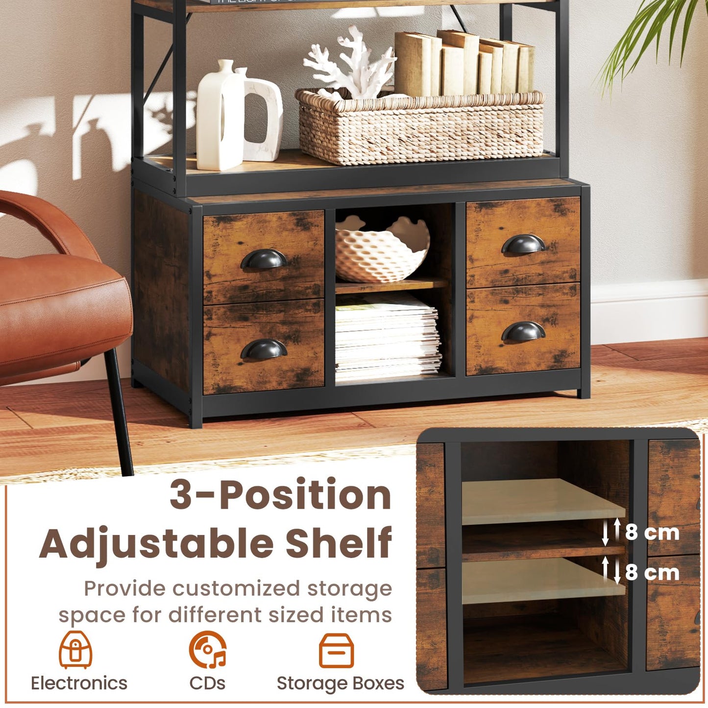 8-tier Bookshelf with Storage and 4 Fabric Drawers