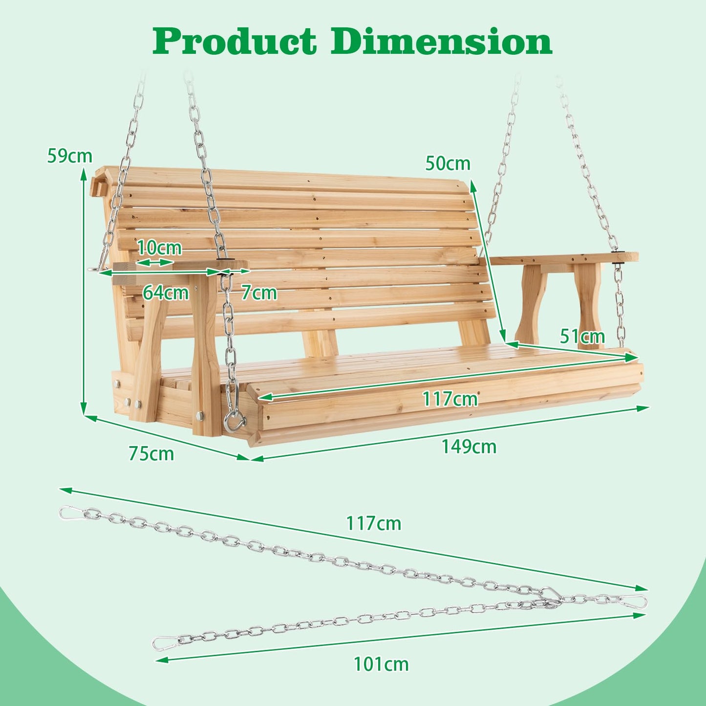 149cm Wooden Porch Swing with Cup Holders Outdoor Hanging Bench