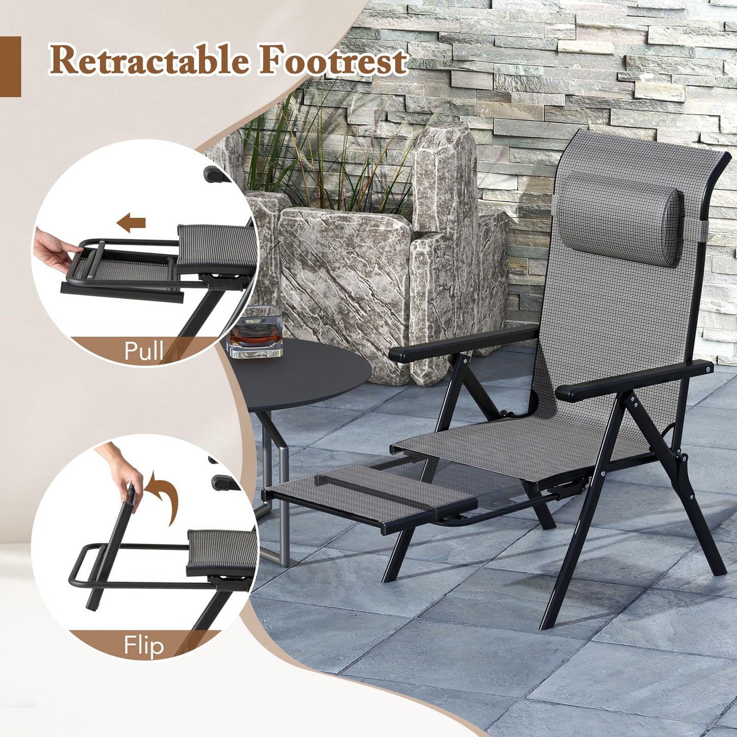 10-Position Adjustable Patio Chaise Lounge Chair Deck Sunbed with Armrests