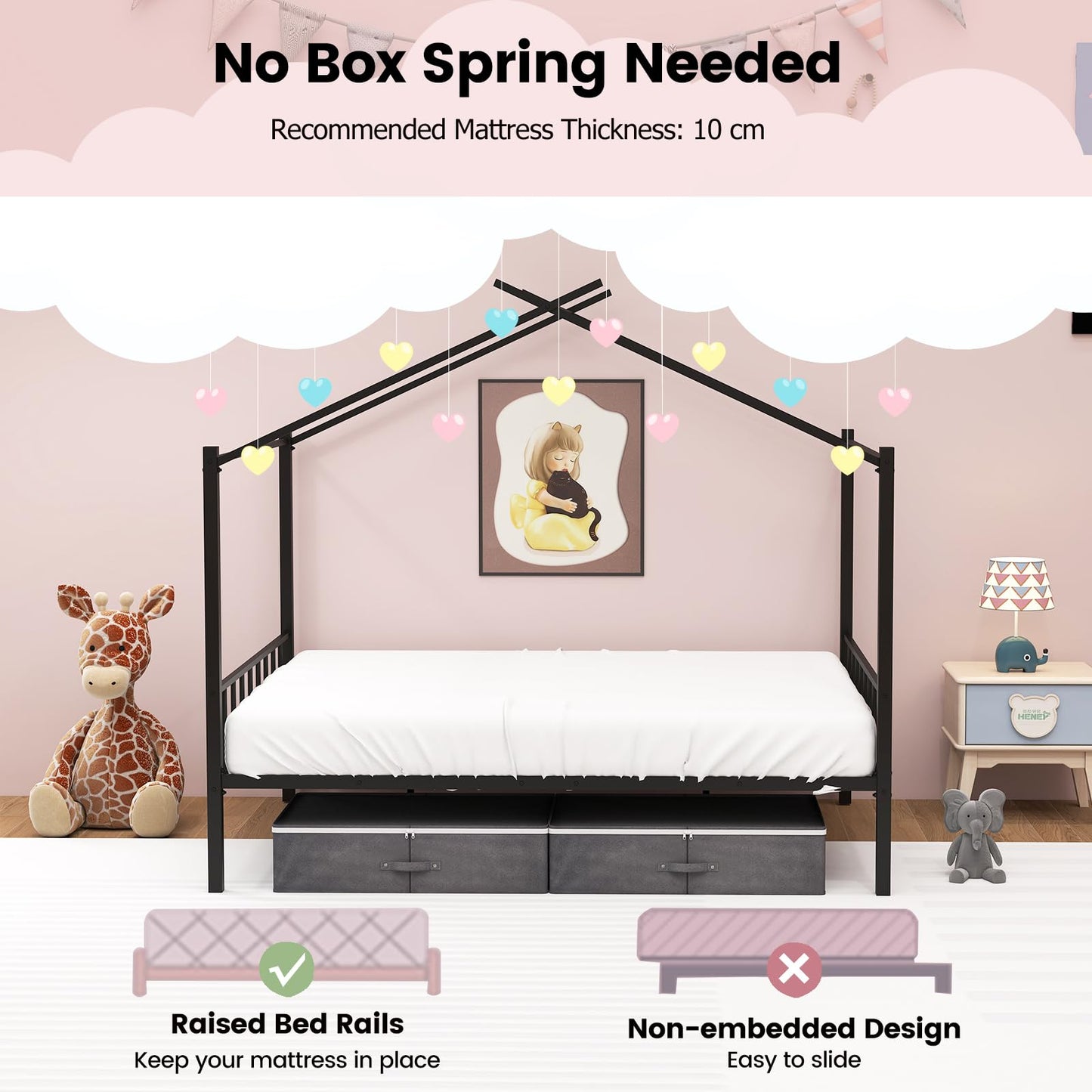 Double Size House Bed with 2 Drawers No Box Spring Needed