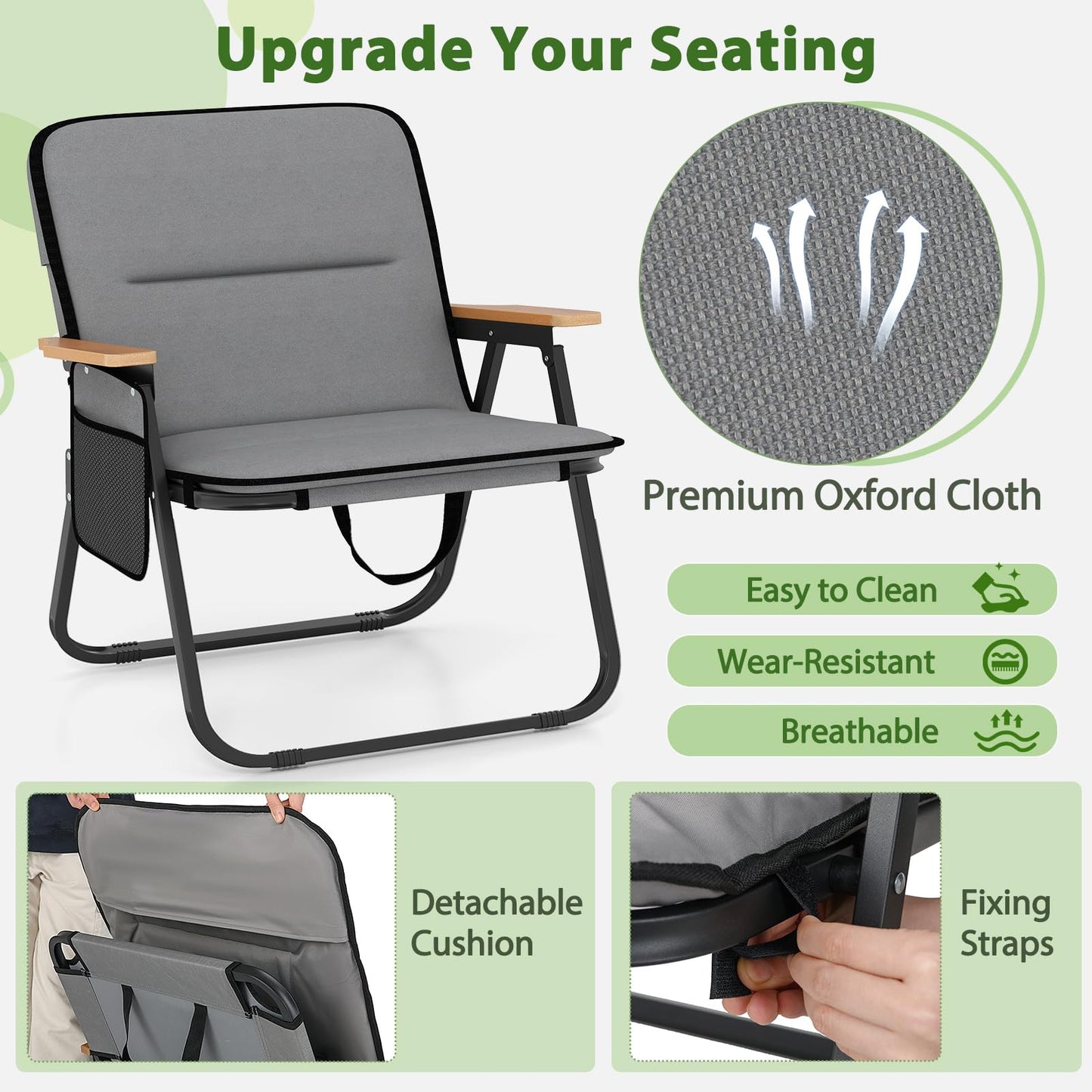Set of 2 Folding Camping Chairs with Storage Pocket and Armrests
