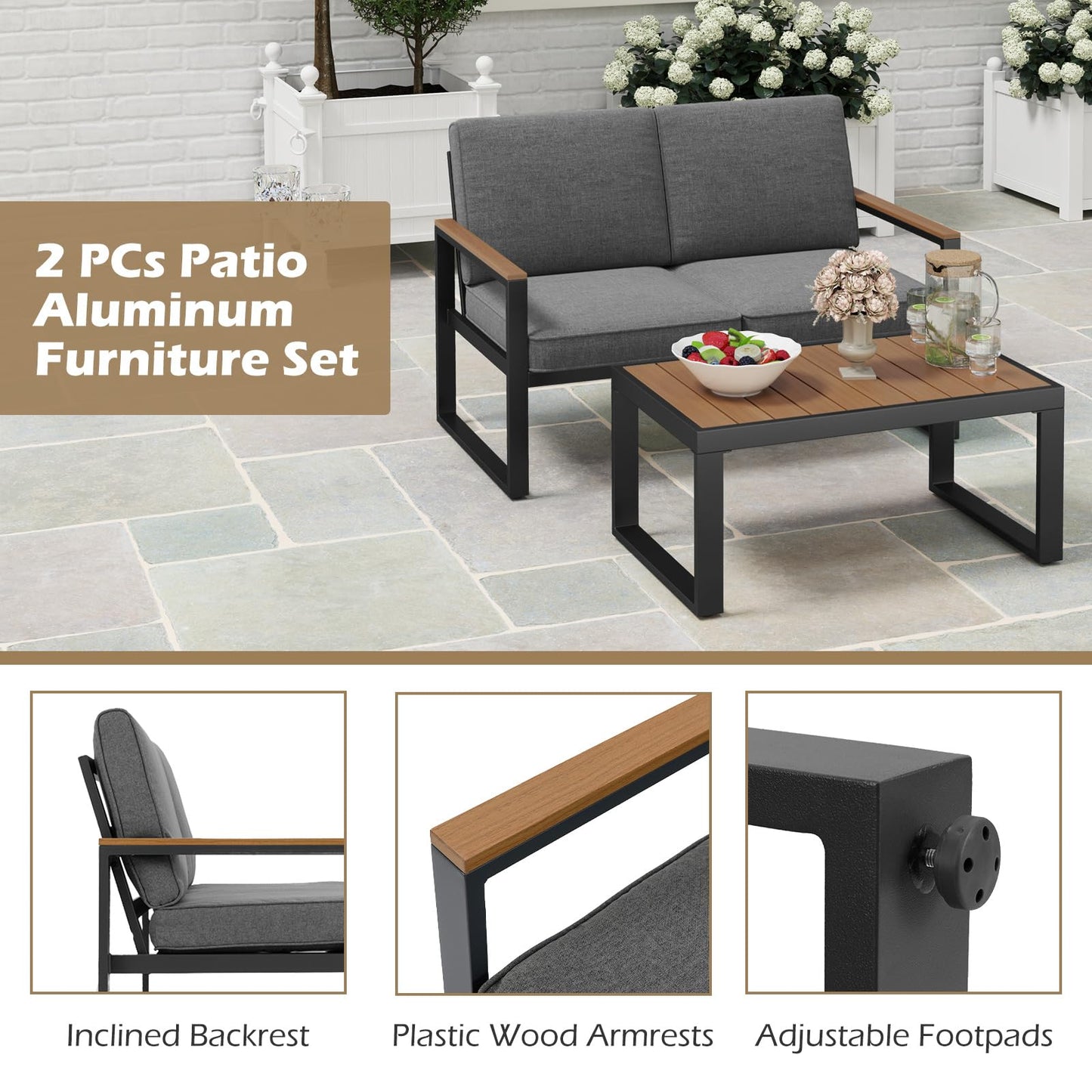2-Seater Patio Aluminum Furniture Set with Coffee Table and Cushions