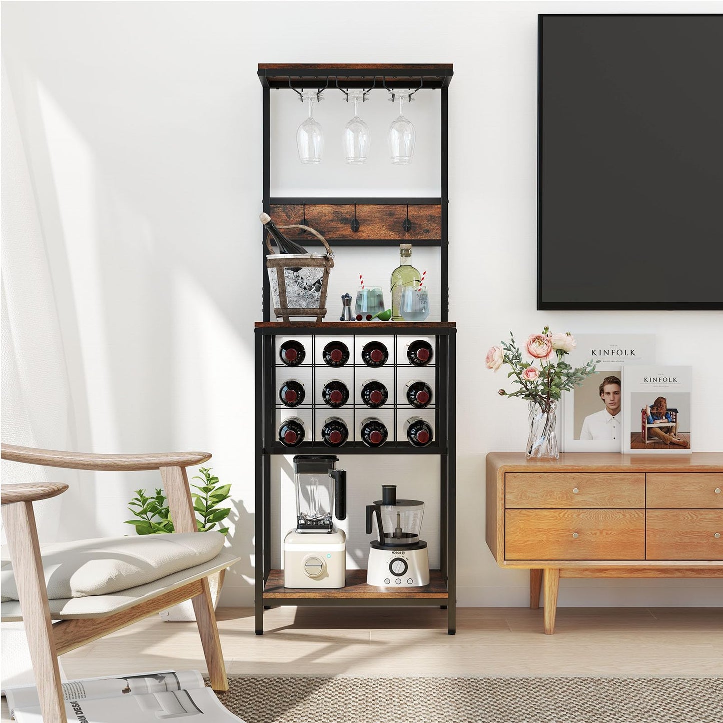 Floor Wine Bar Cabinet with Glass Racks and Wine Bottle Holders