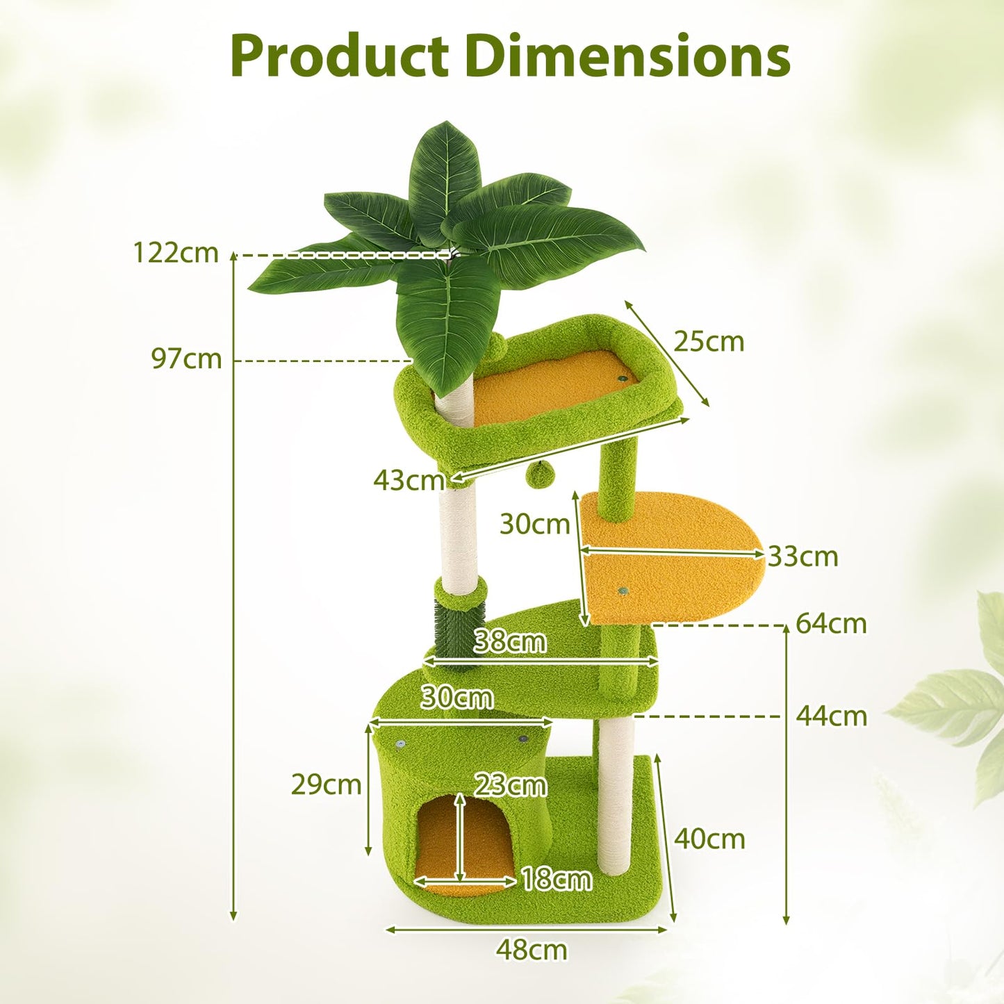 Cute Cat Tree for Adult Cats Multi-level Kitty Tower with Artificial Leaves