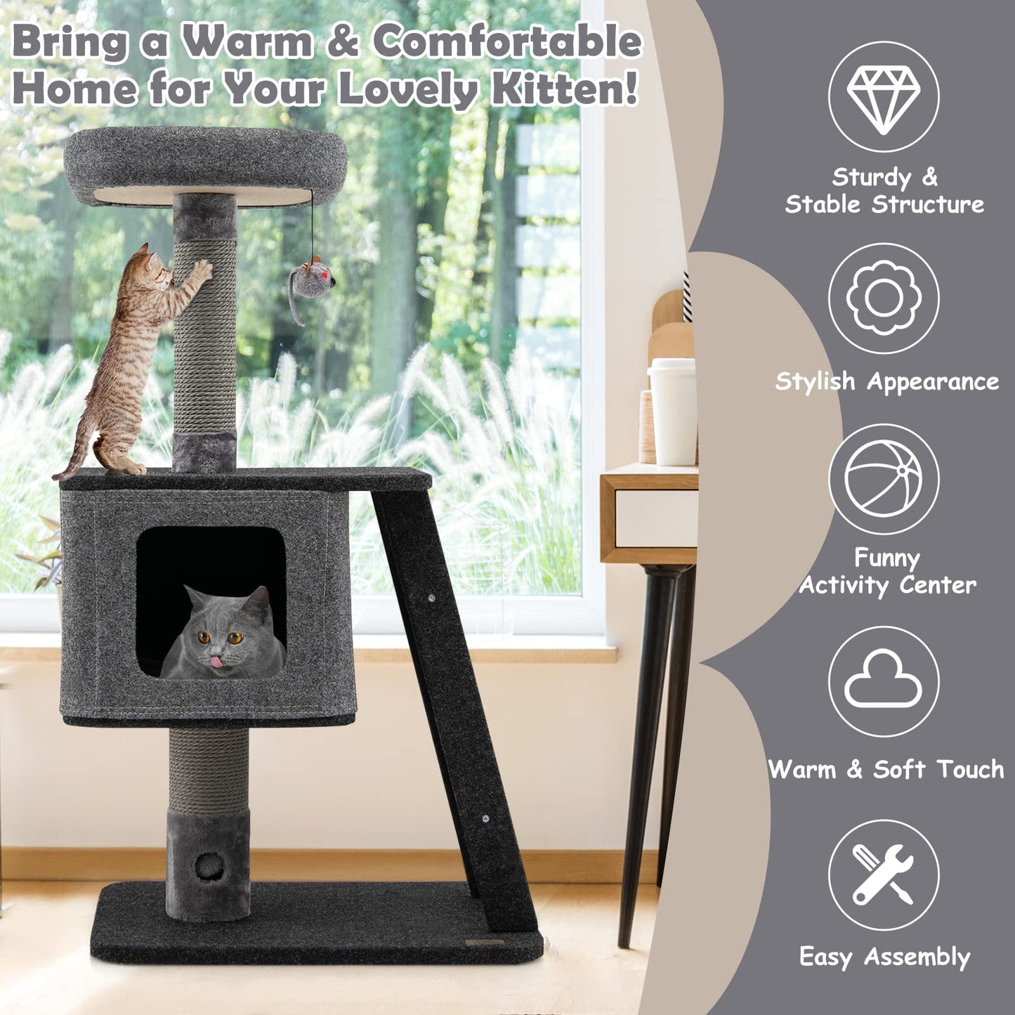 Cat Tree Tower with Scratching Ramp Posts and Top Plush Perch