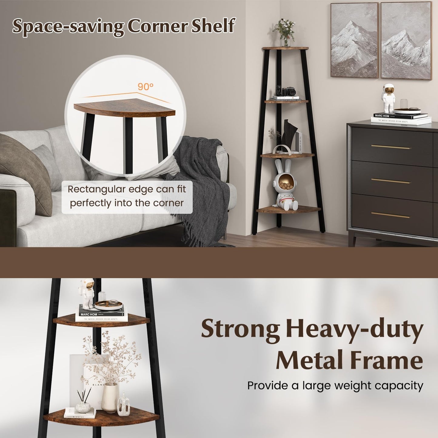 4-Tier Corner Ladder Shelf with Heavy-duty Metal Frame and Anti-toppling Device