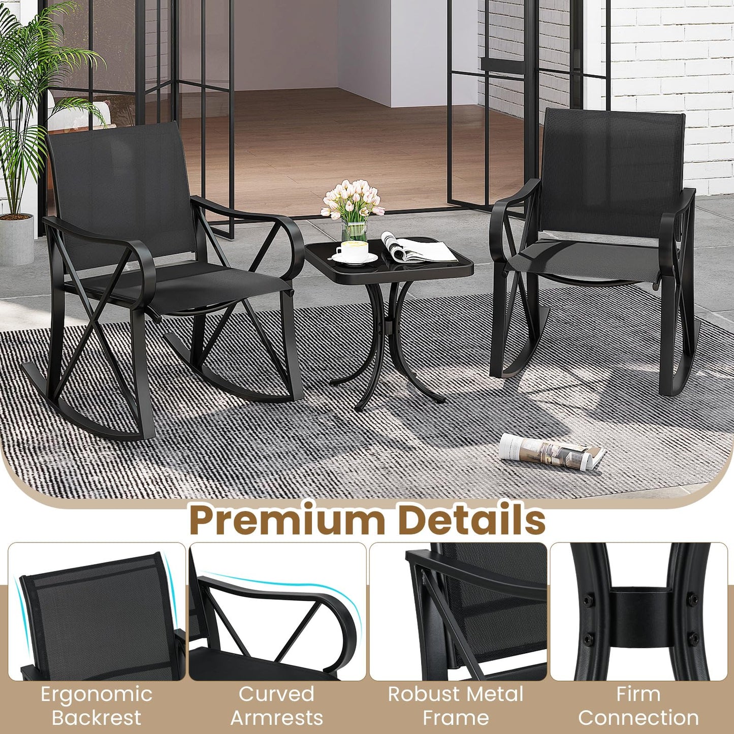 3-Piece Patio Metal Frame Rocking Bistro Set with Tempered Glass-Top Side Table