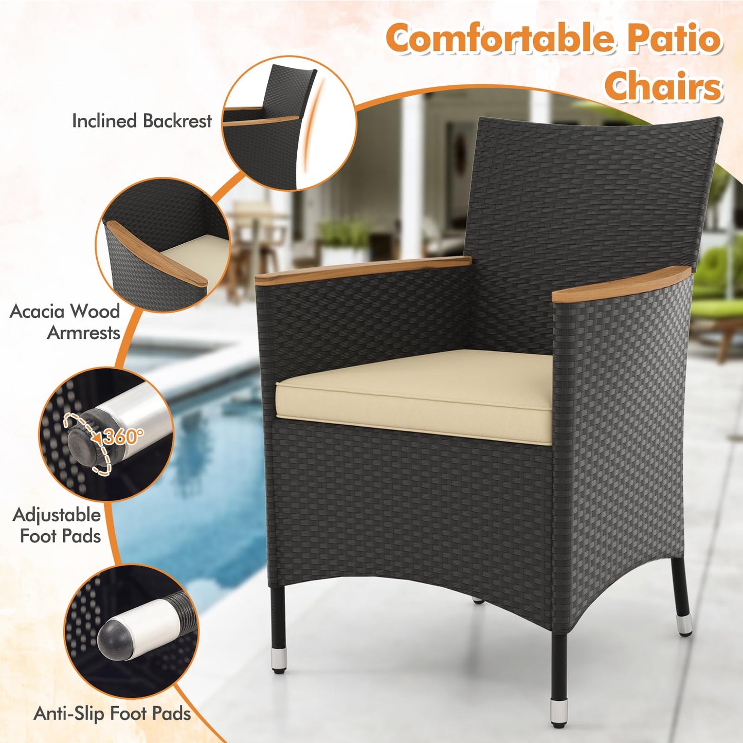 5 PCS Patio Dining Table Rattan Conversation Set with Umbrella Hole