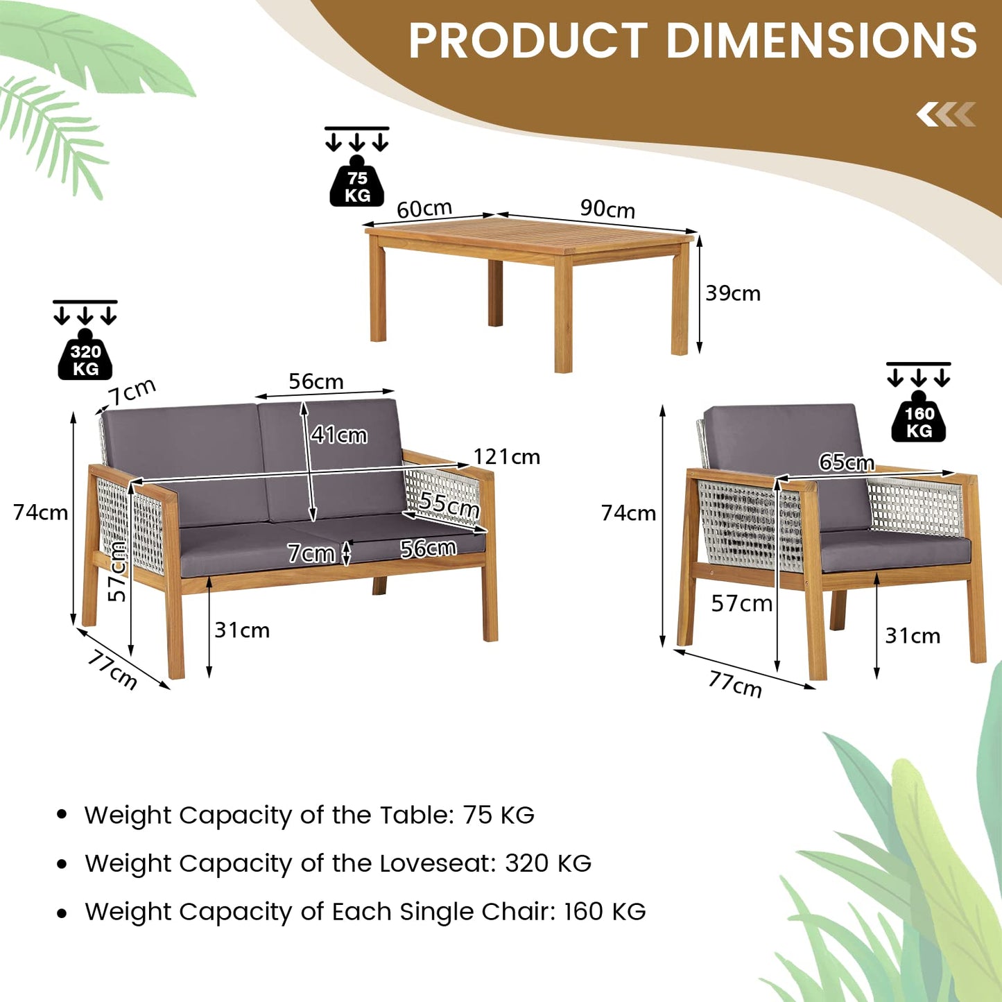 Acacia Wood Rattan Patio Conversation Set with Loveseat