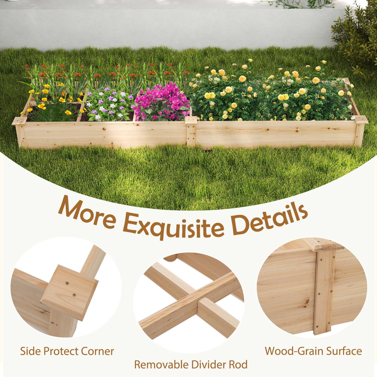 Wooden Raised Garden Bed with 2 Planter Boxes and Dividers