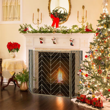 GiantexUK 3-Panel Folding Fireplace Screen, 133 x 78cm Metal Mesh Spark Guard