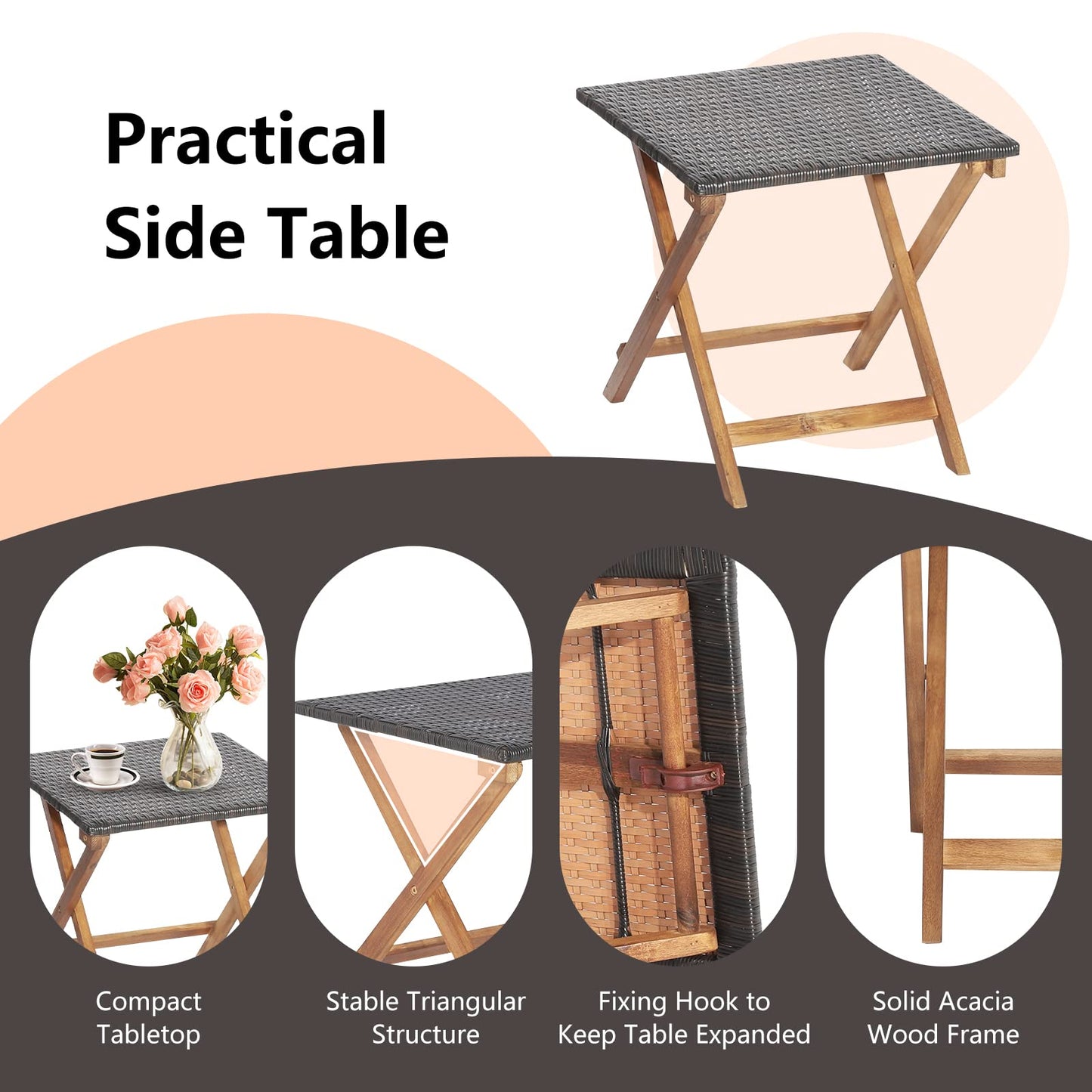 Folding Sun Lounger with Retractable Footrest & Wicker Side Table