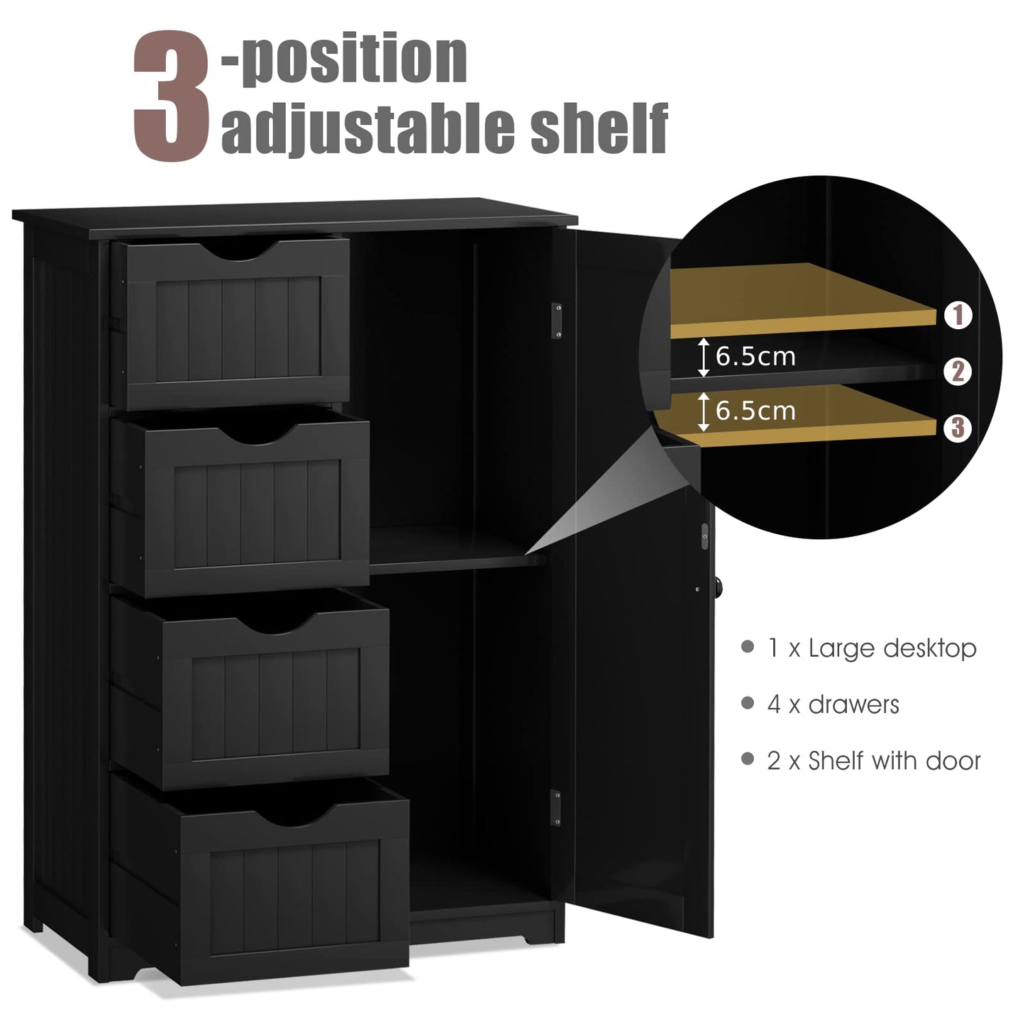 Freestanding Storage Cupboard with Adjustable Shelf and Drawers