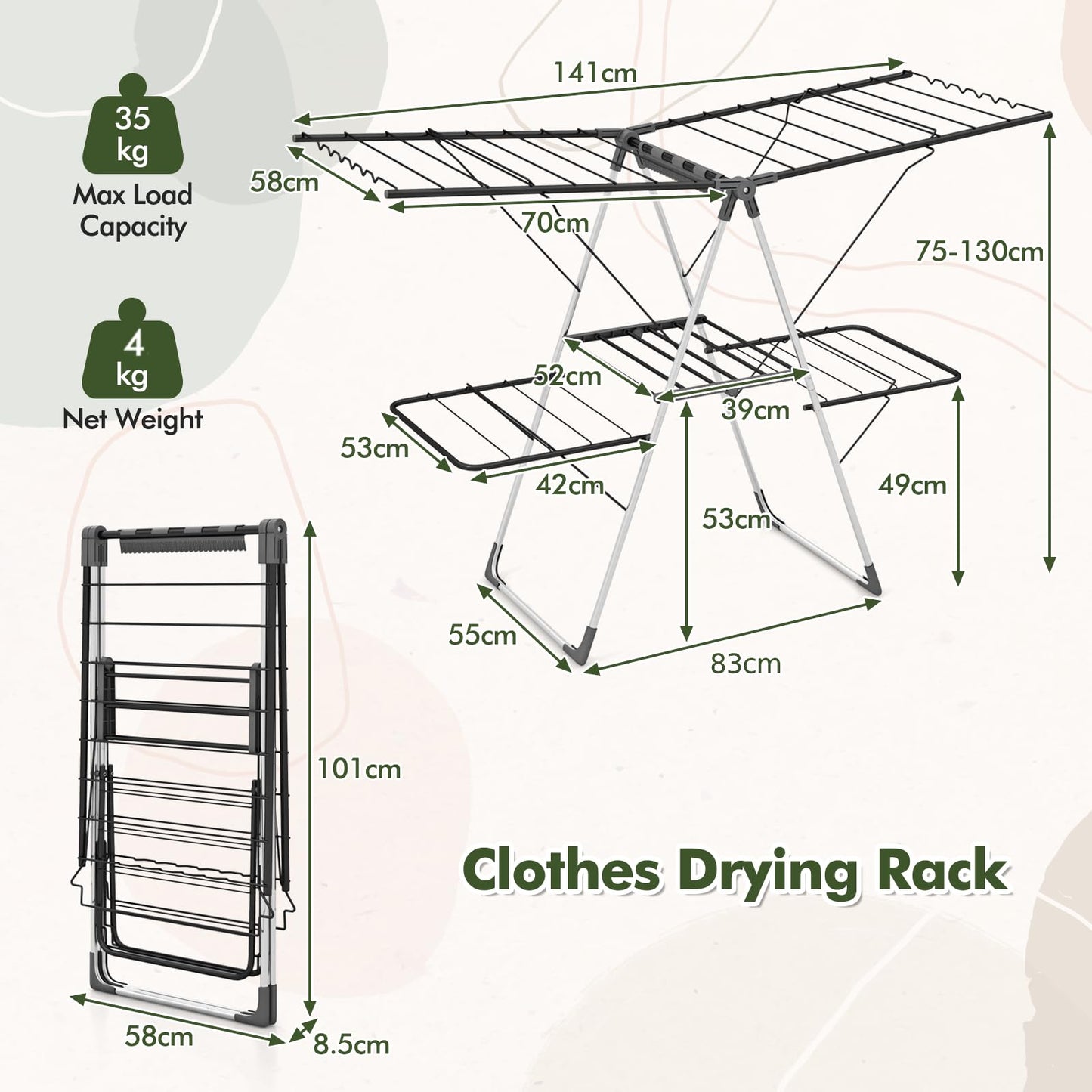 2-Level Foldable Clothes Airer Dryer Horse with Height-Adjustable Wings