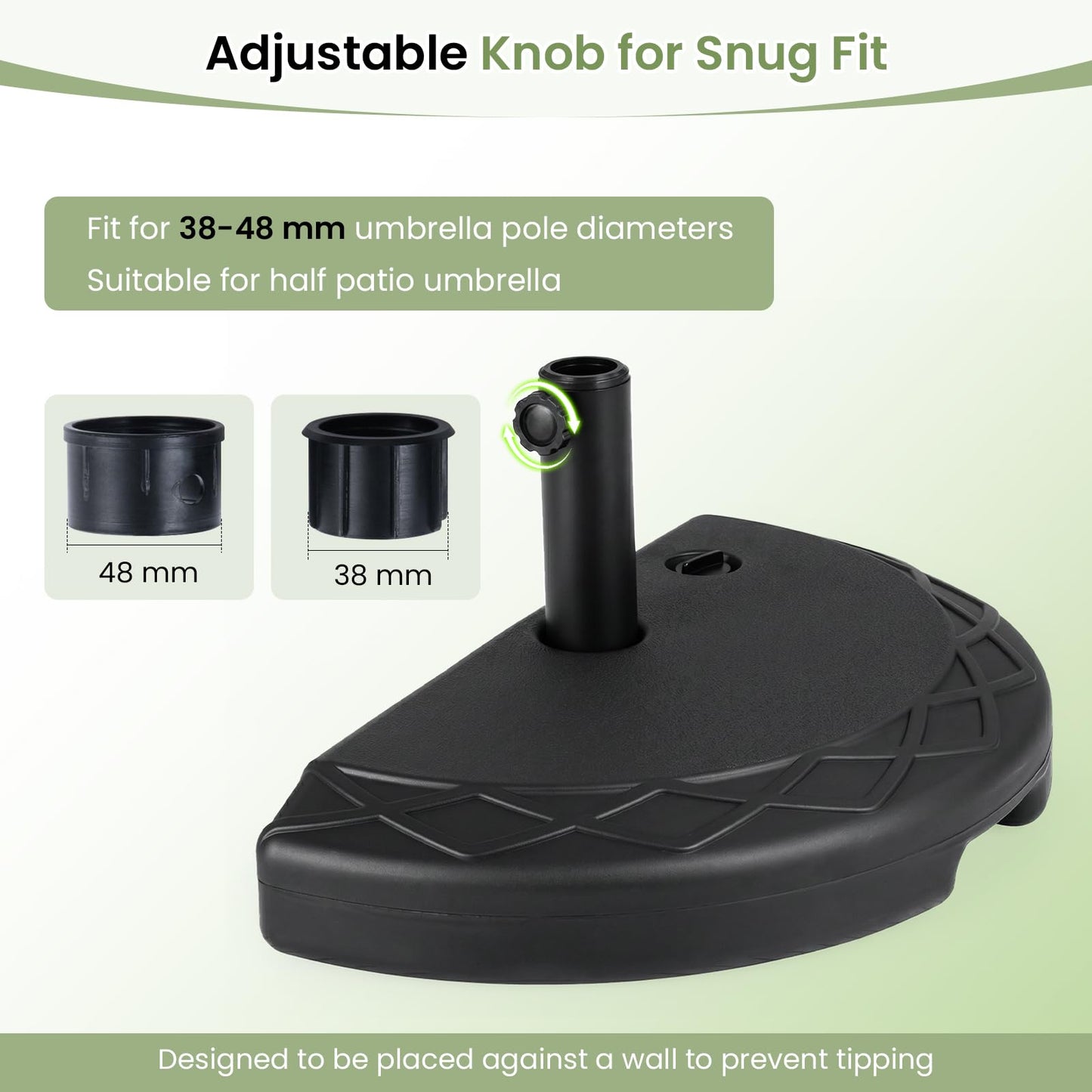 20kg Half Round Parasol Base, Water and Sand Fillable Patio Umbrella Stand Holder Fits Poles up to 38 mm-48 mm