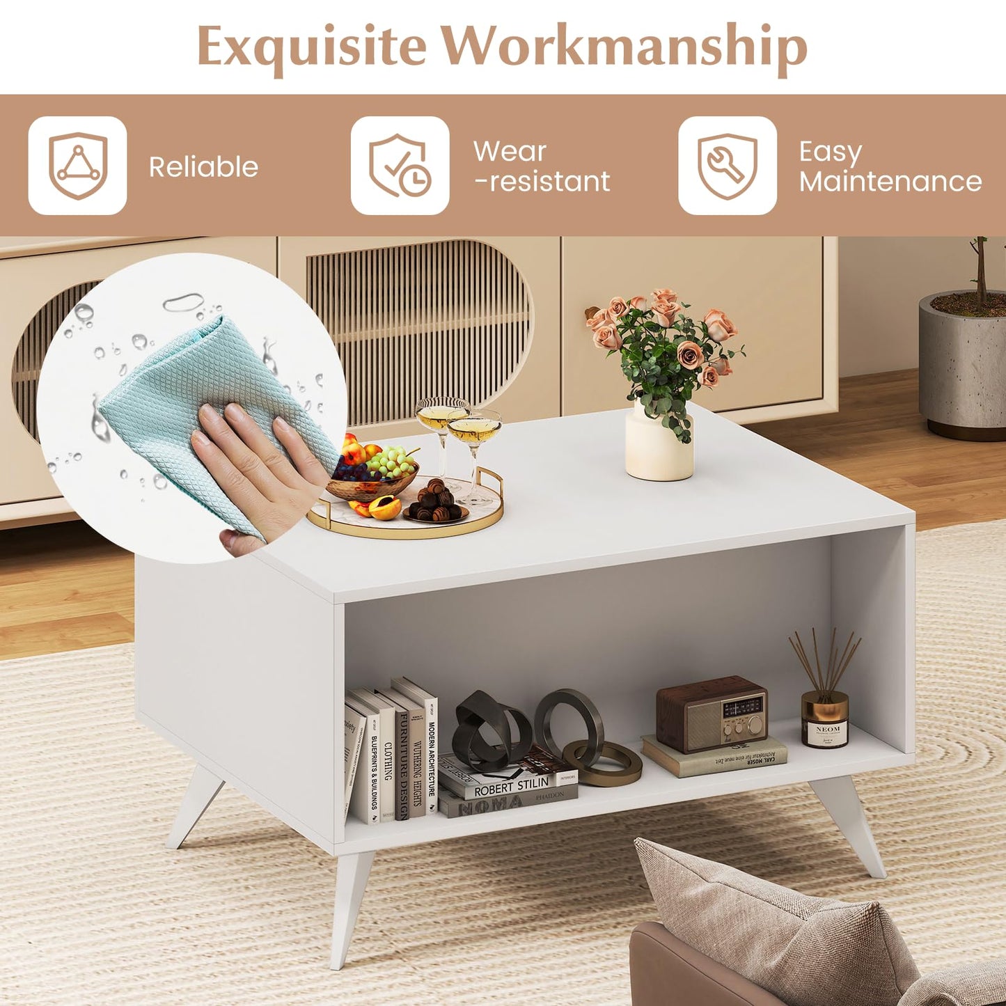 Coffee Table, Wooden Cocktail Table Sofa Side Snack Tables with 3 Doors and Back Open Shelf