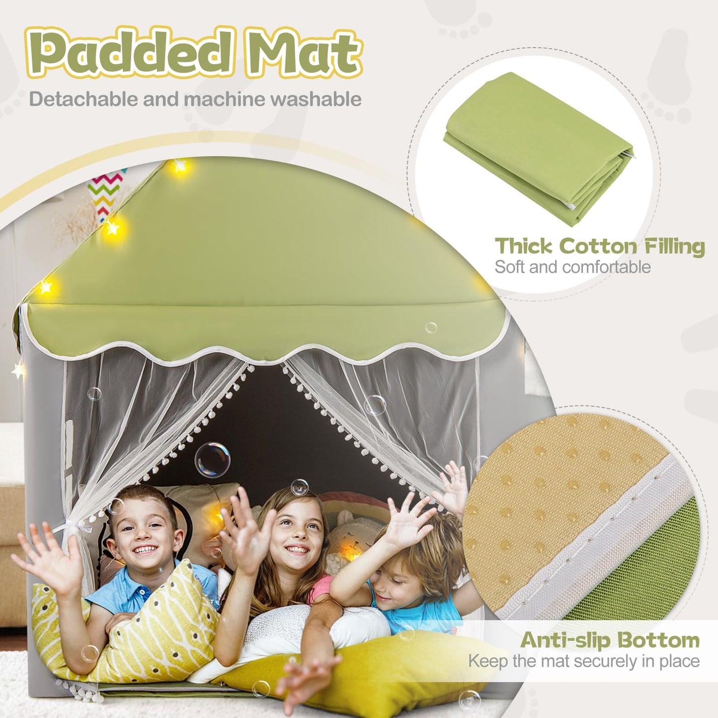 Large Kids Play House with Washable Mat and Star Lights