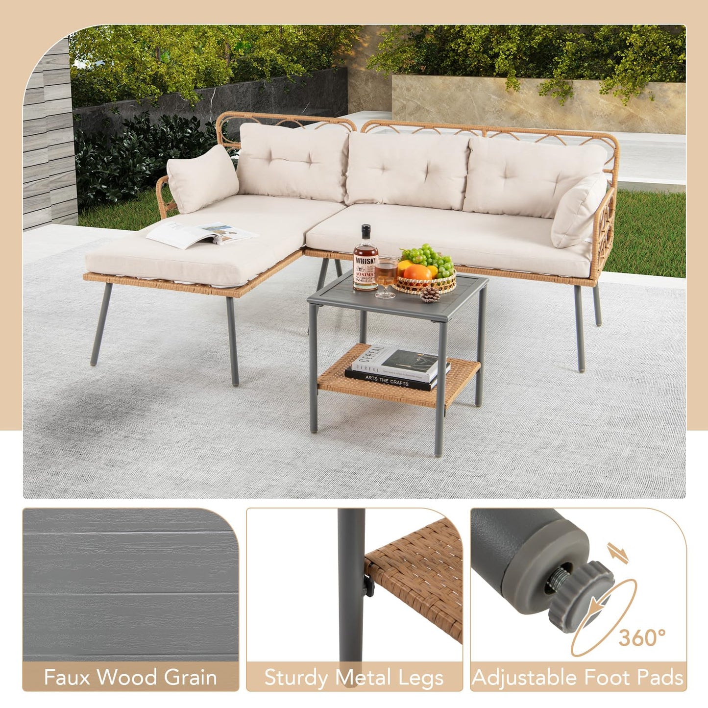 L Shaped Patio Conversation Set with Cushions & Coffee Table