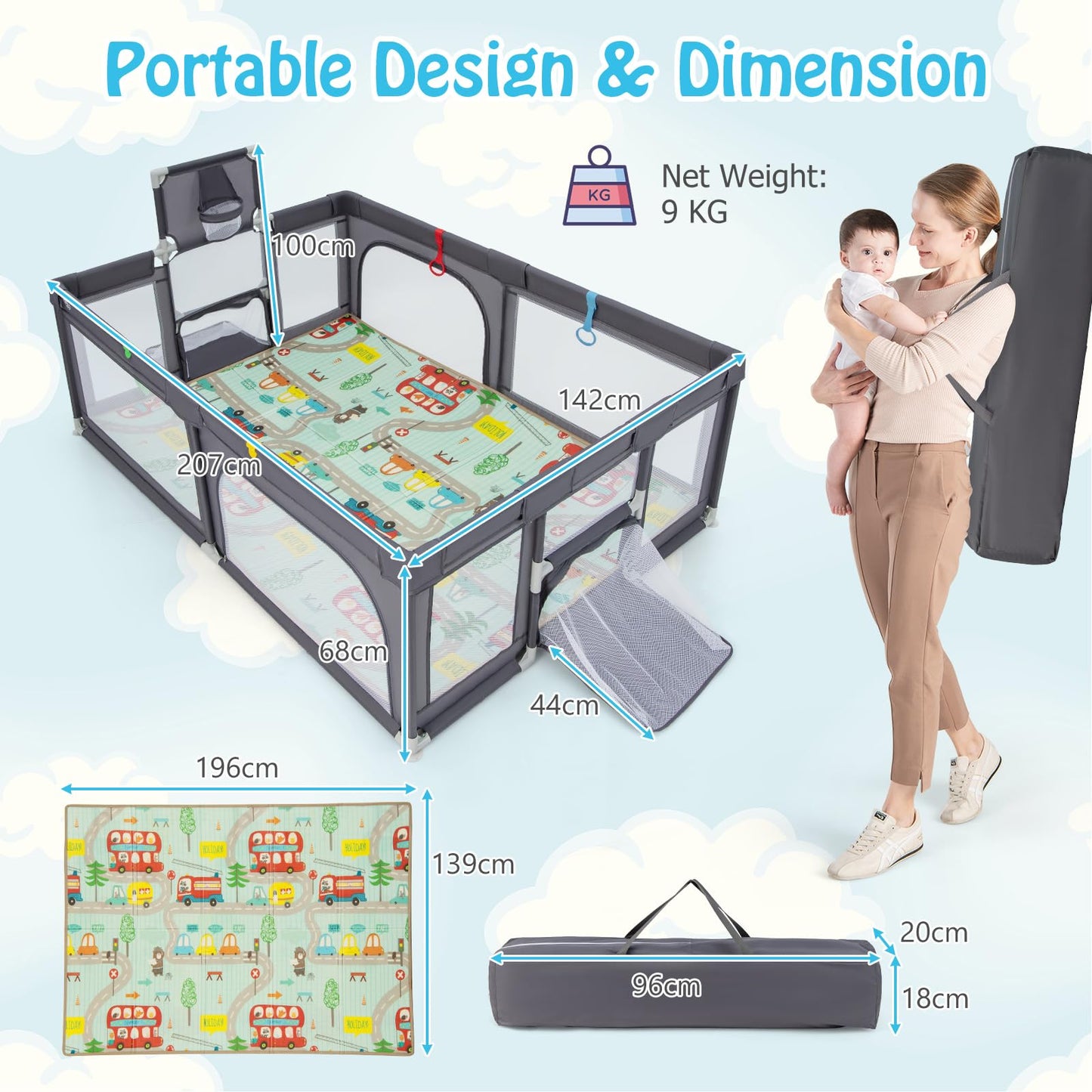 Toddler Mesh Play Pen with Mat, Pull Rings, Basketball Hoop