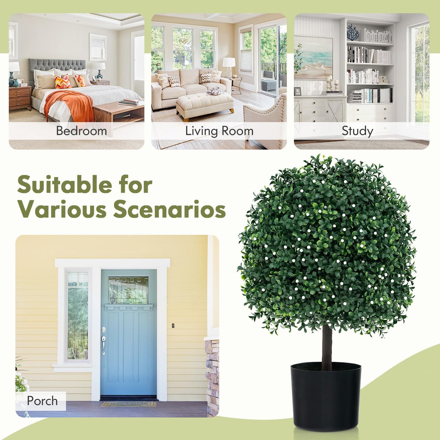 2 Piece Artificial Boxwood Topiary Ball Tree with UV Rated Leaves and 343 White Fruits