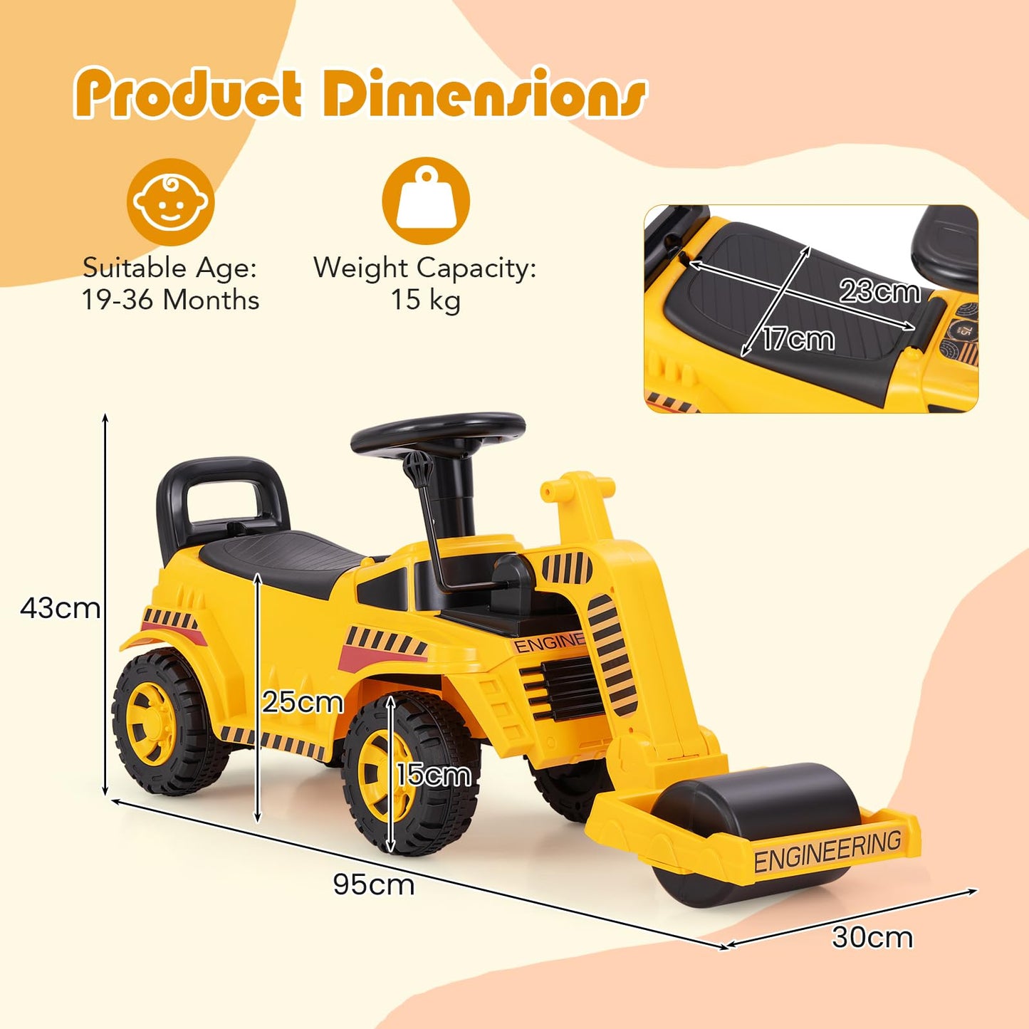 Kids Ride on Road Roller with Adjustable Roller and Anti