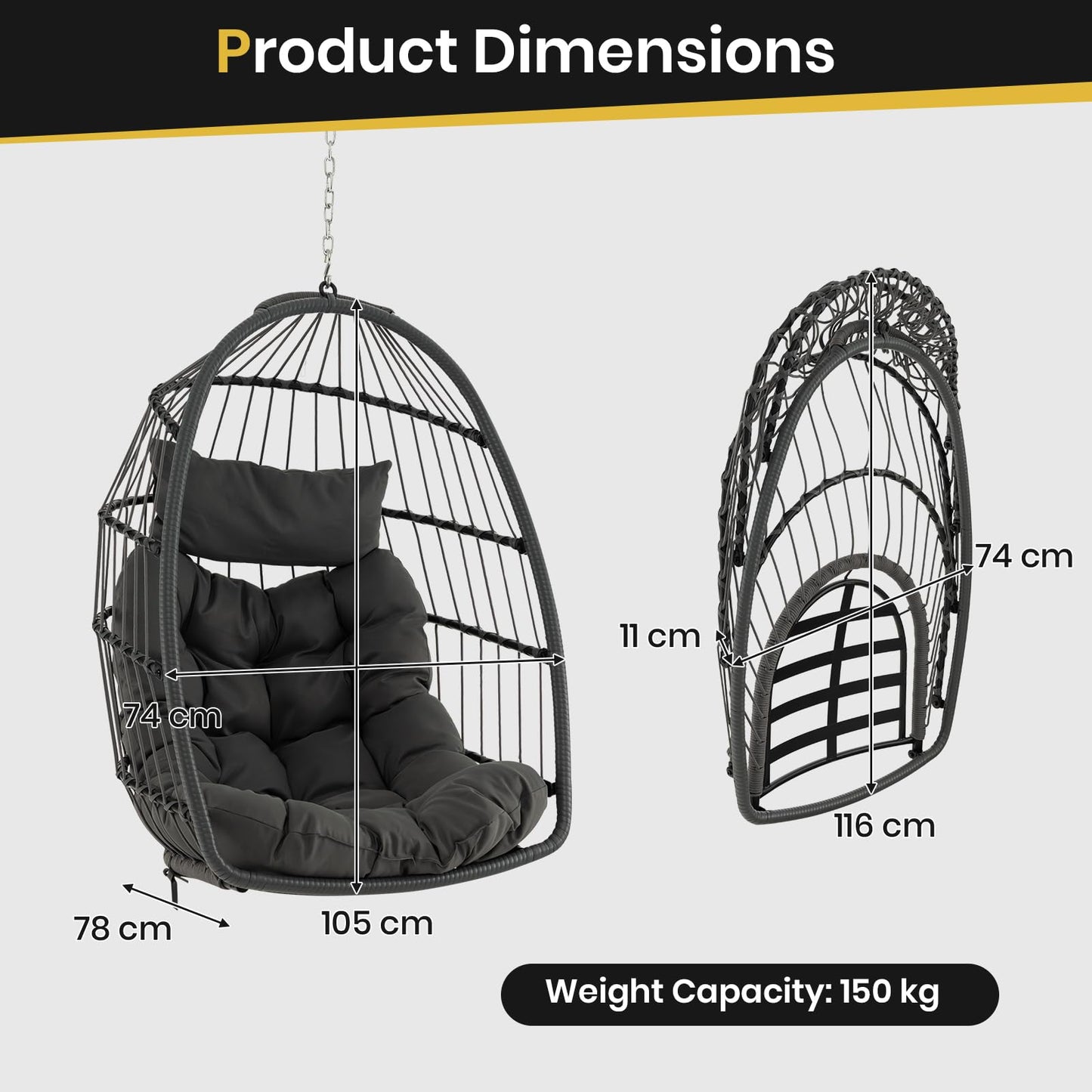 Foldable Rattan Hanging Chair with Soft Cushion and Head Pillow