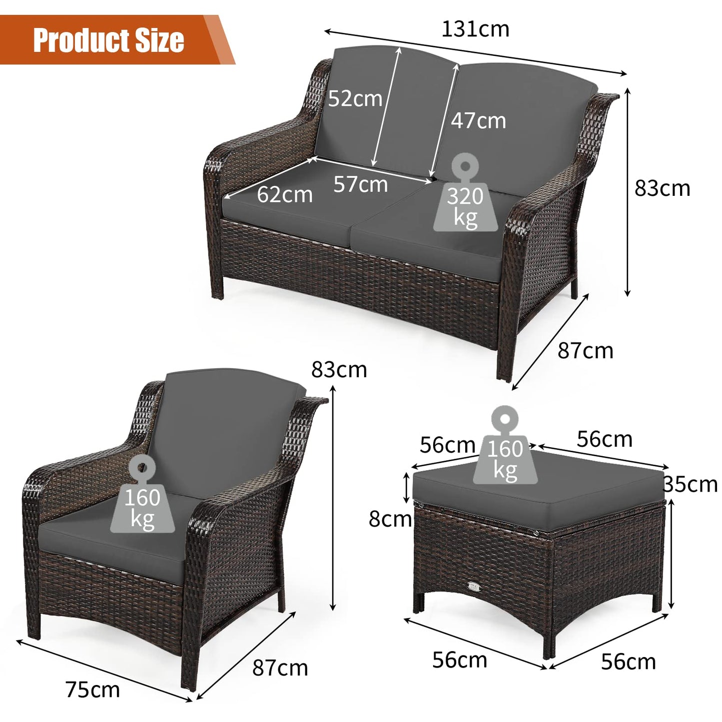 5 Pieces All-Weather Outdoor Sectional Conversation Set for Balcony Yard Lawn
