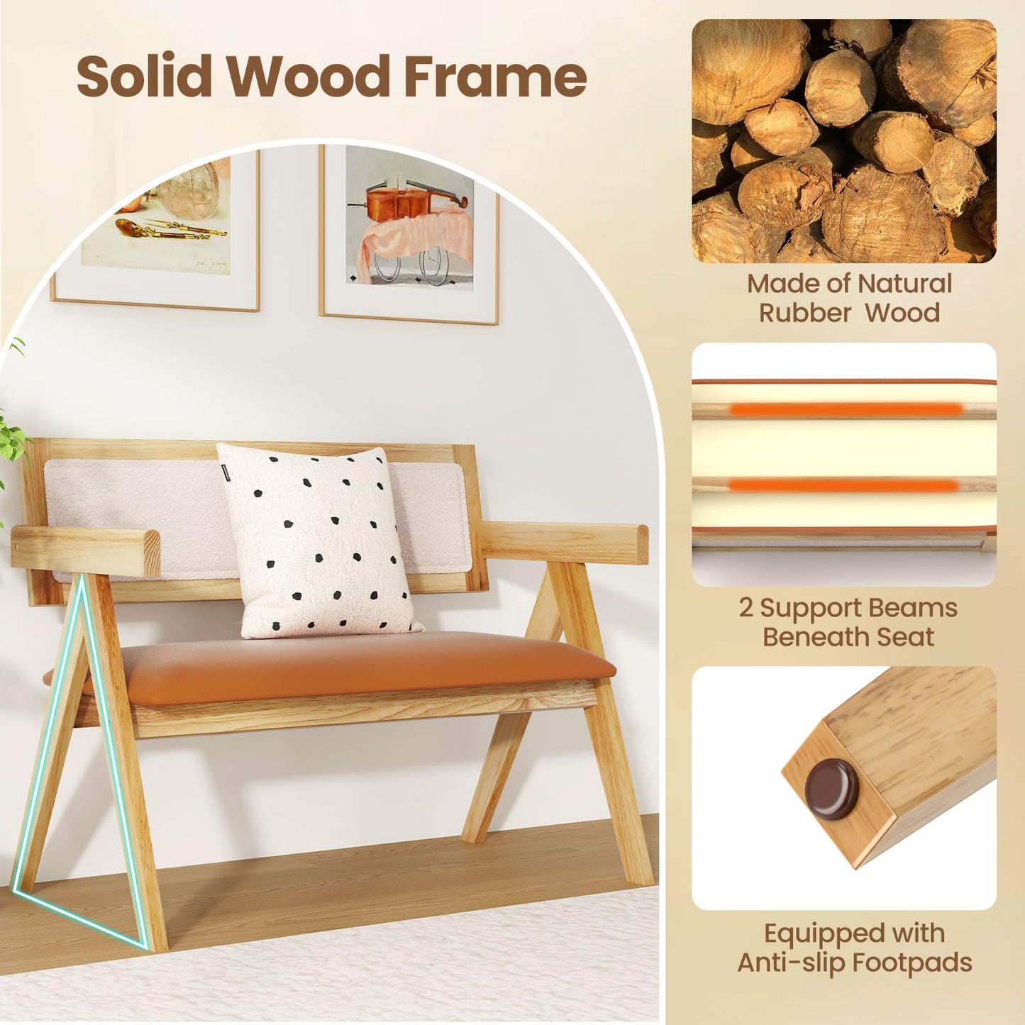 Rubber Wood Dining Bench with Armrest and Sherpa Upholstered Backrest