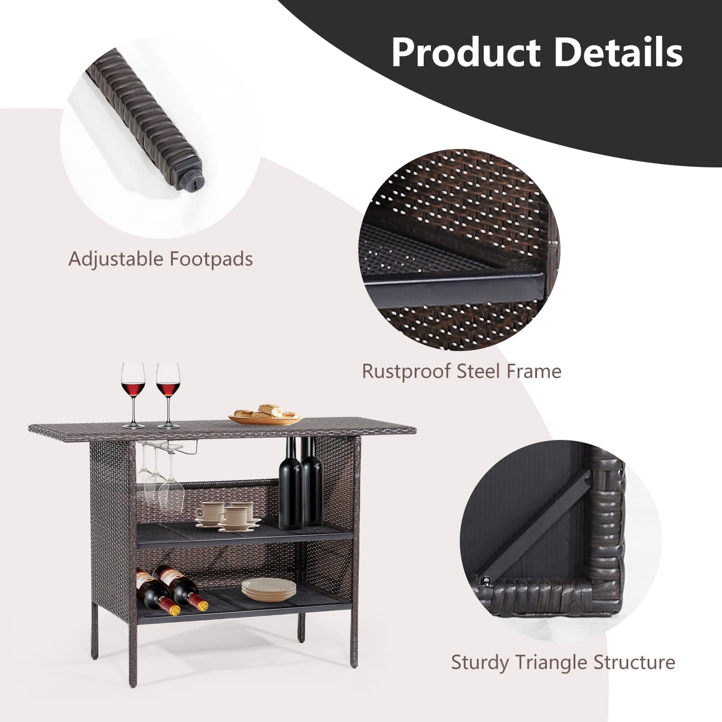 All Weather Wicker Bar Counter Table with 2 Metal Mesh Shelves