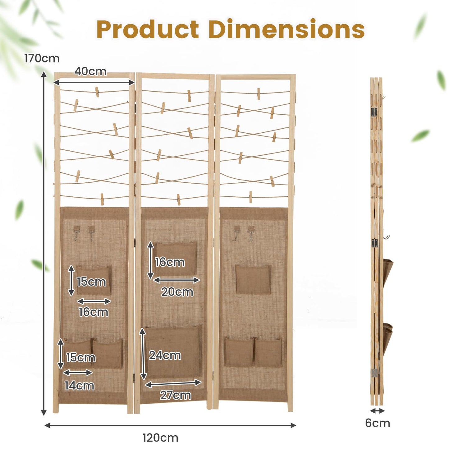 3 Panel Folding Room Divider with 8 Pockets