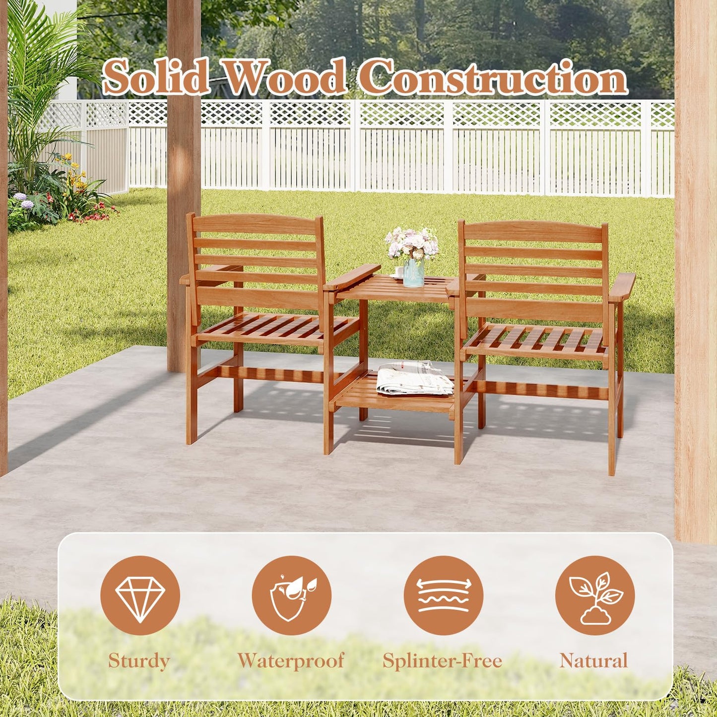 2-Seater Wooden Bench Seat with 2 Tier Coffee Table and Umbrella Hole