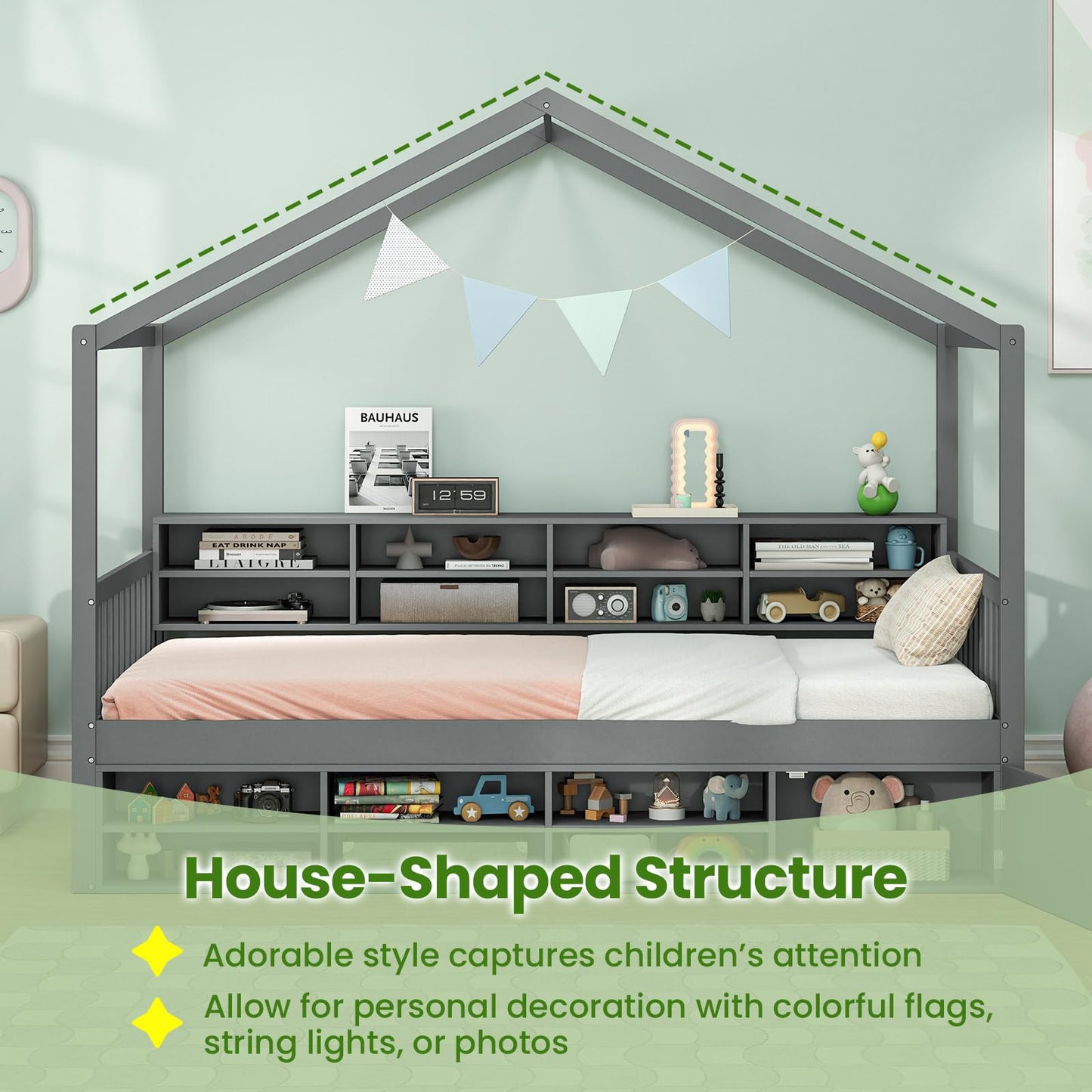 Wooden Single Size House Bed with Roof and 14 Storage Cubes