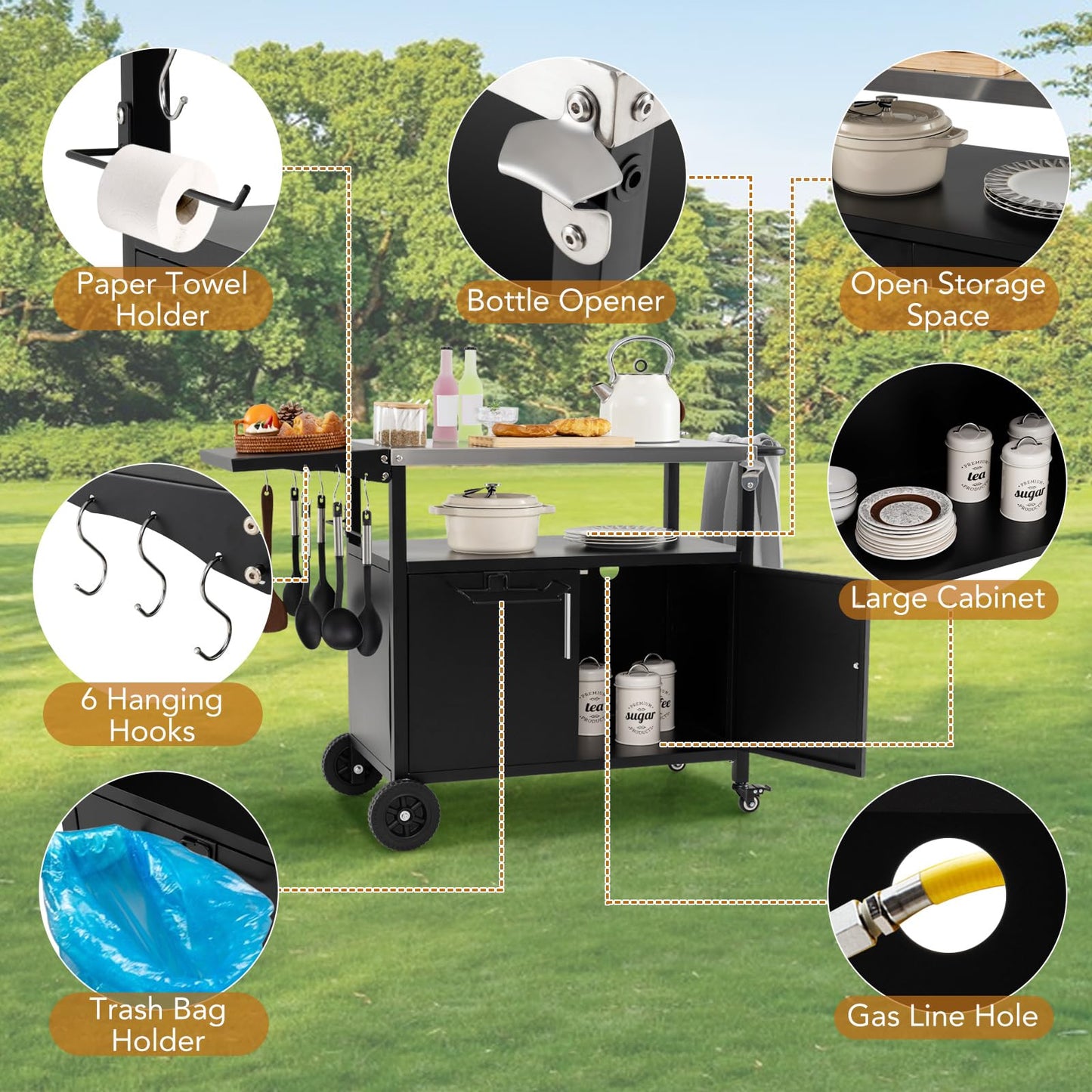 84cm Garden Serving Trolley with Folding Stainless Steel Top