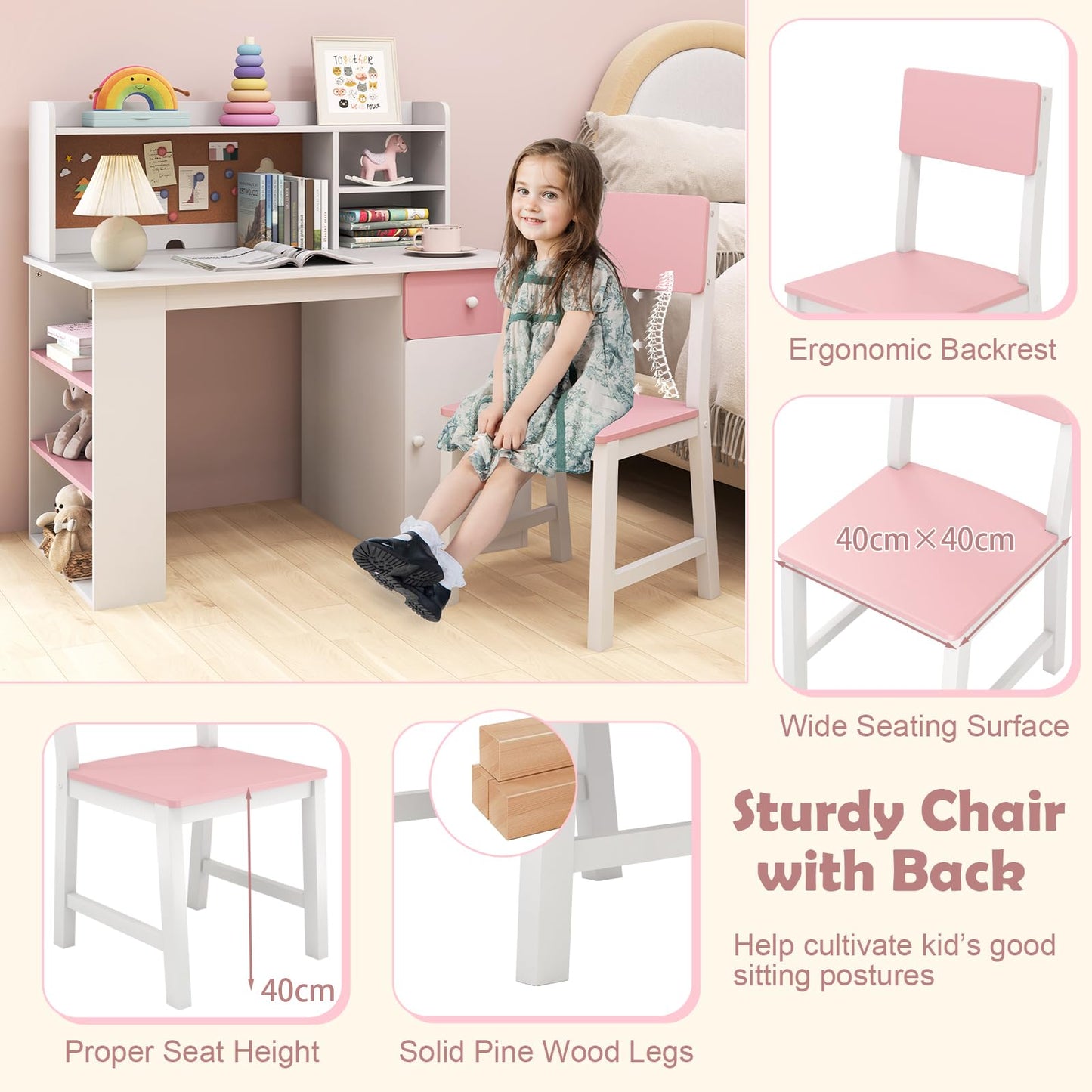 Kids Desk and Chair Set with 3-Tier Shelf and Drawer