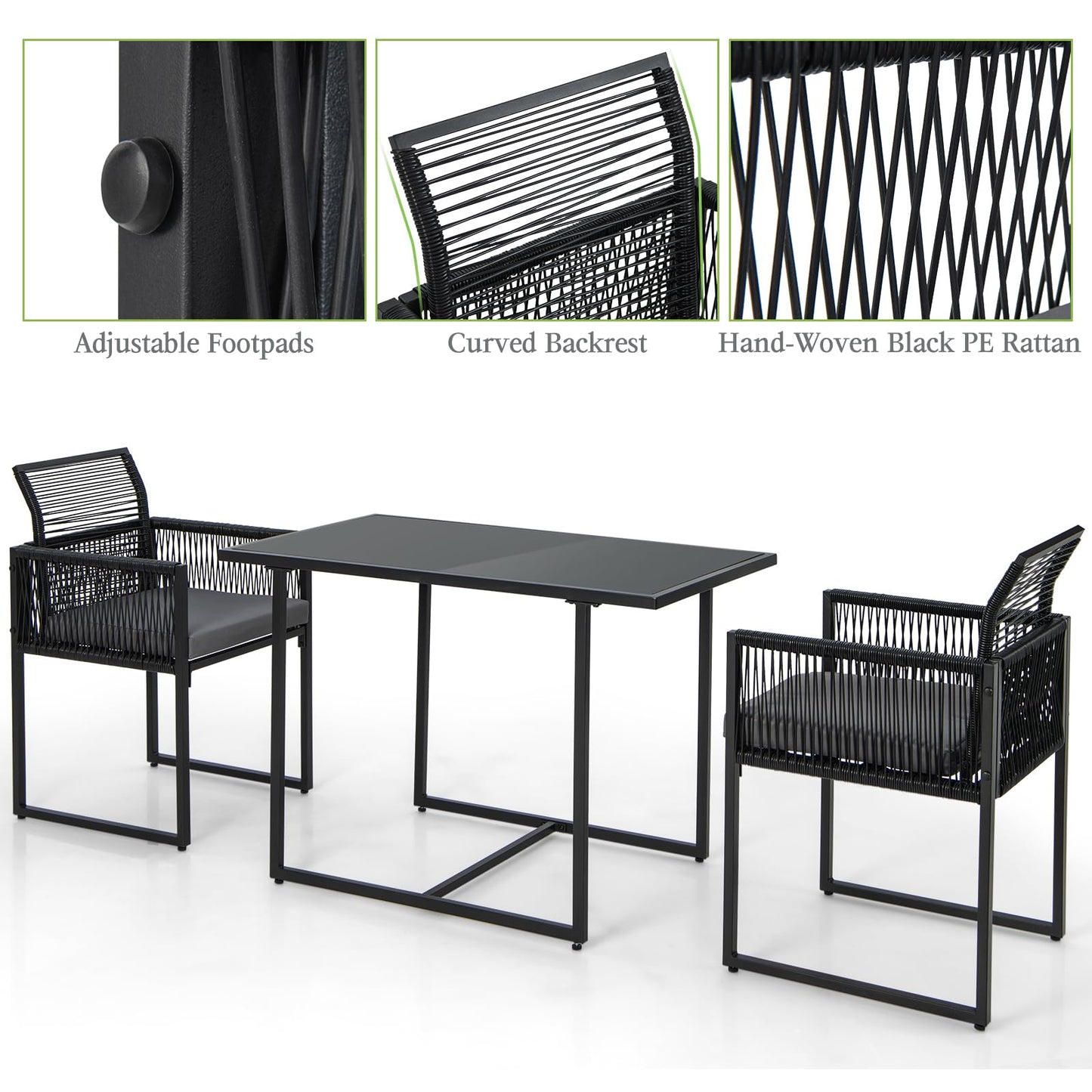 3 Pieces PE Rattan Outdoor Bistro Set with Cushions & Folding Backrests