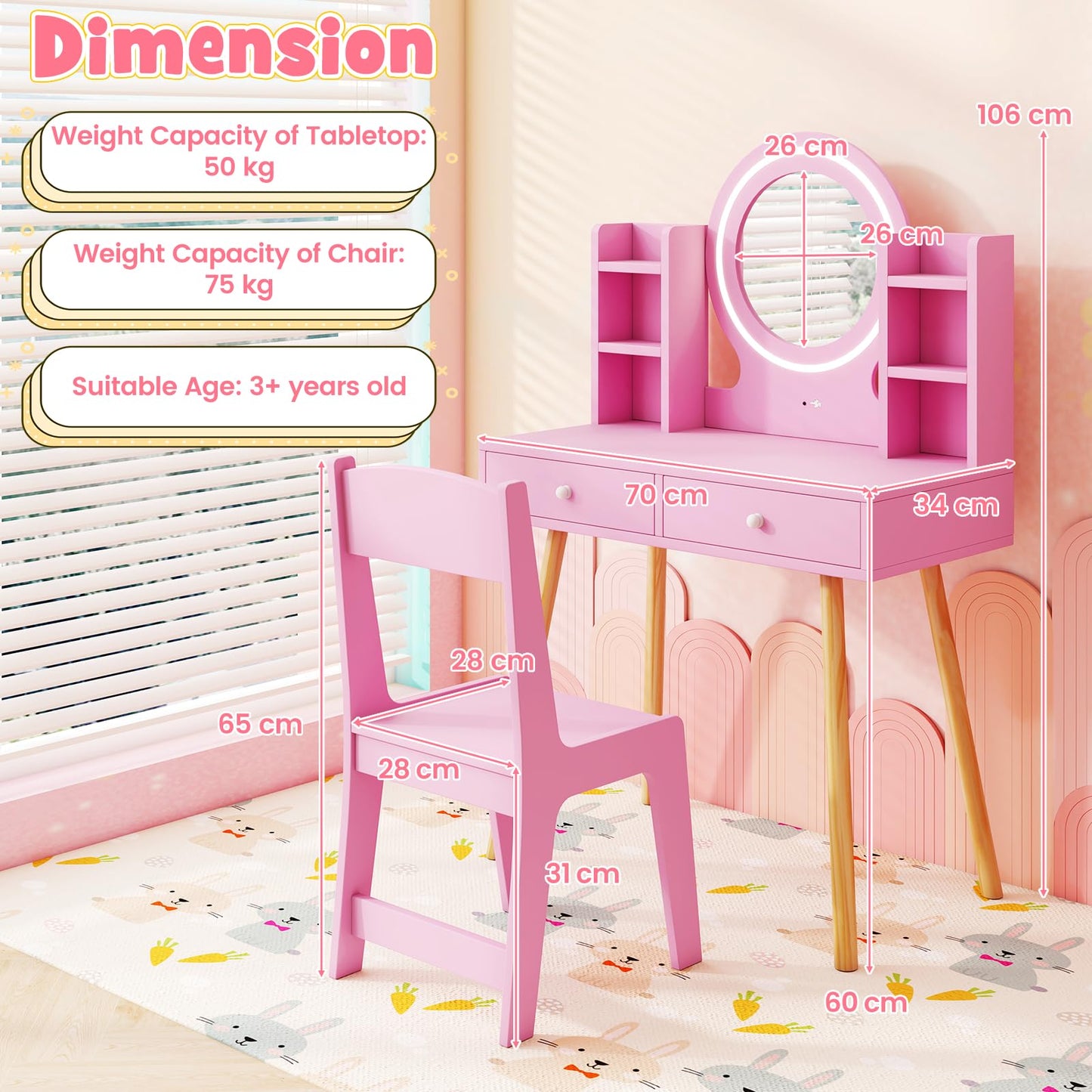 Kids Princess Vanity Desk Set with 2 Color LED Lighted Acrylic Mirror
