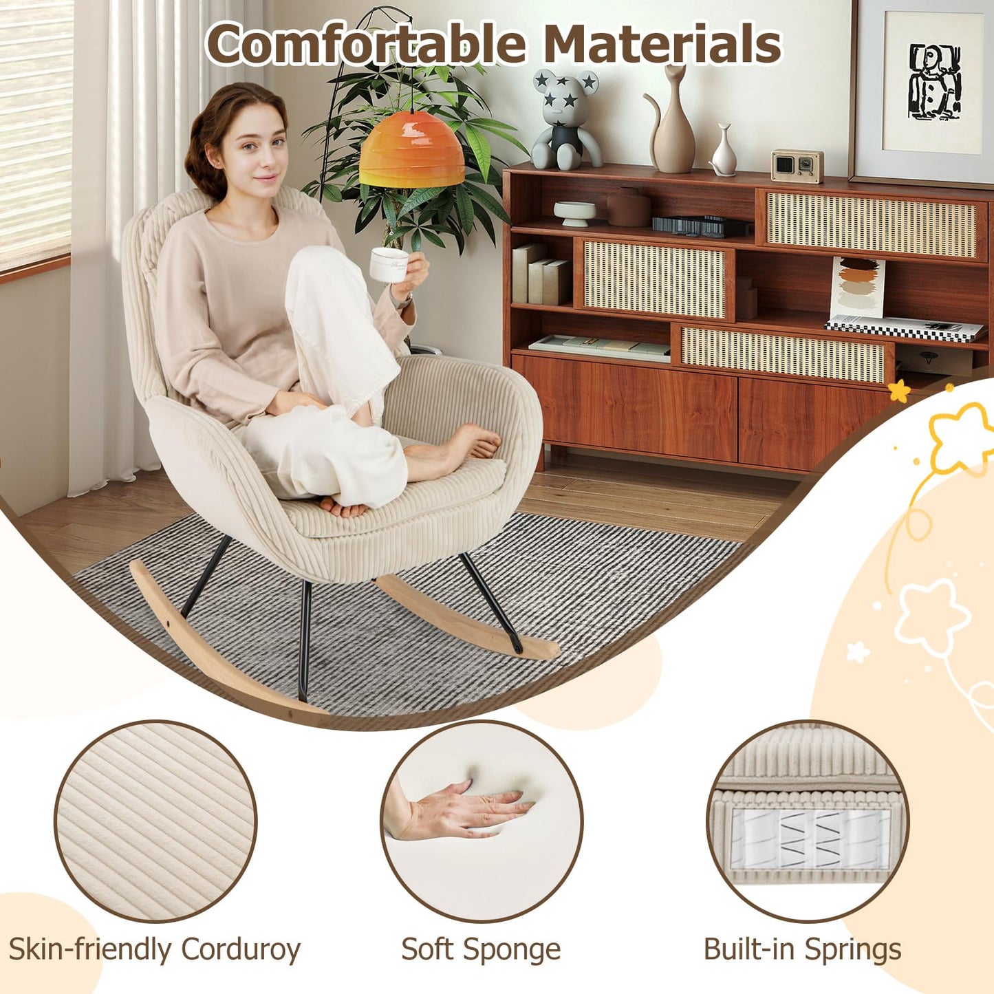 Upholstered Rocking Chair Nursery Glider Rocker with Padded Backrest