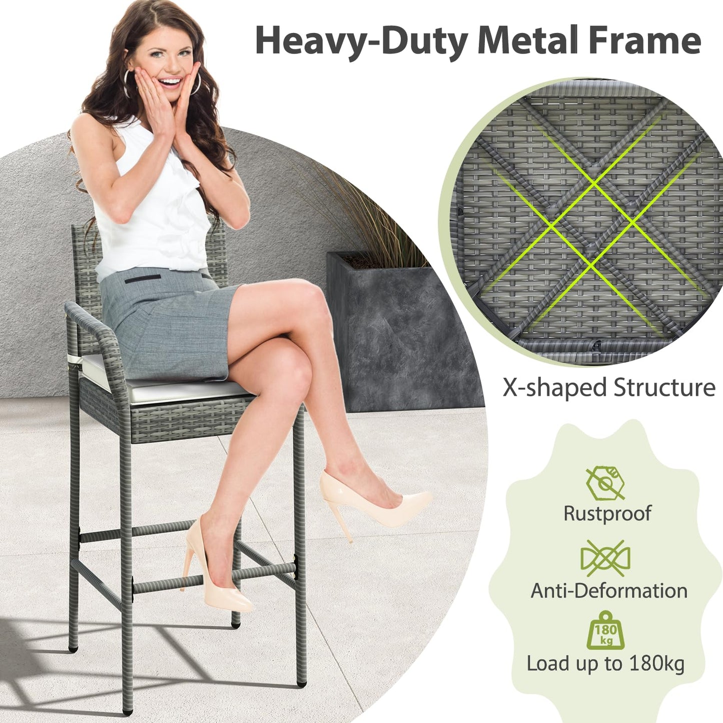 All Weather Outdoor Wicker Bar Stools Set with Soft Seat Cushions