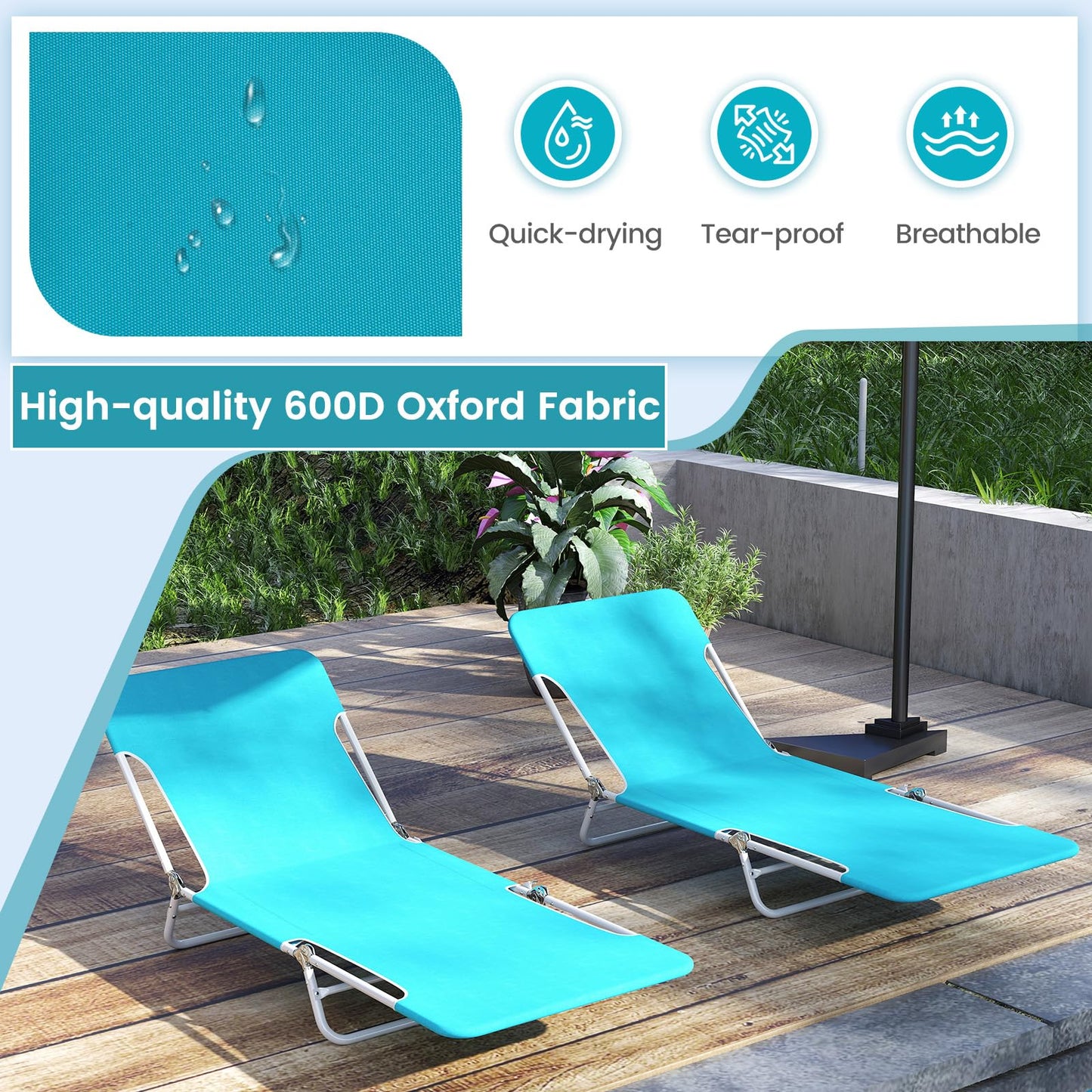 2 Pieces Outdoor Folding Chaise Lounge Portable Sun Tanning Chair Camping Cot