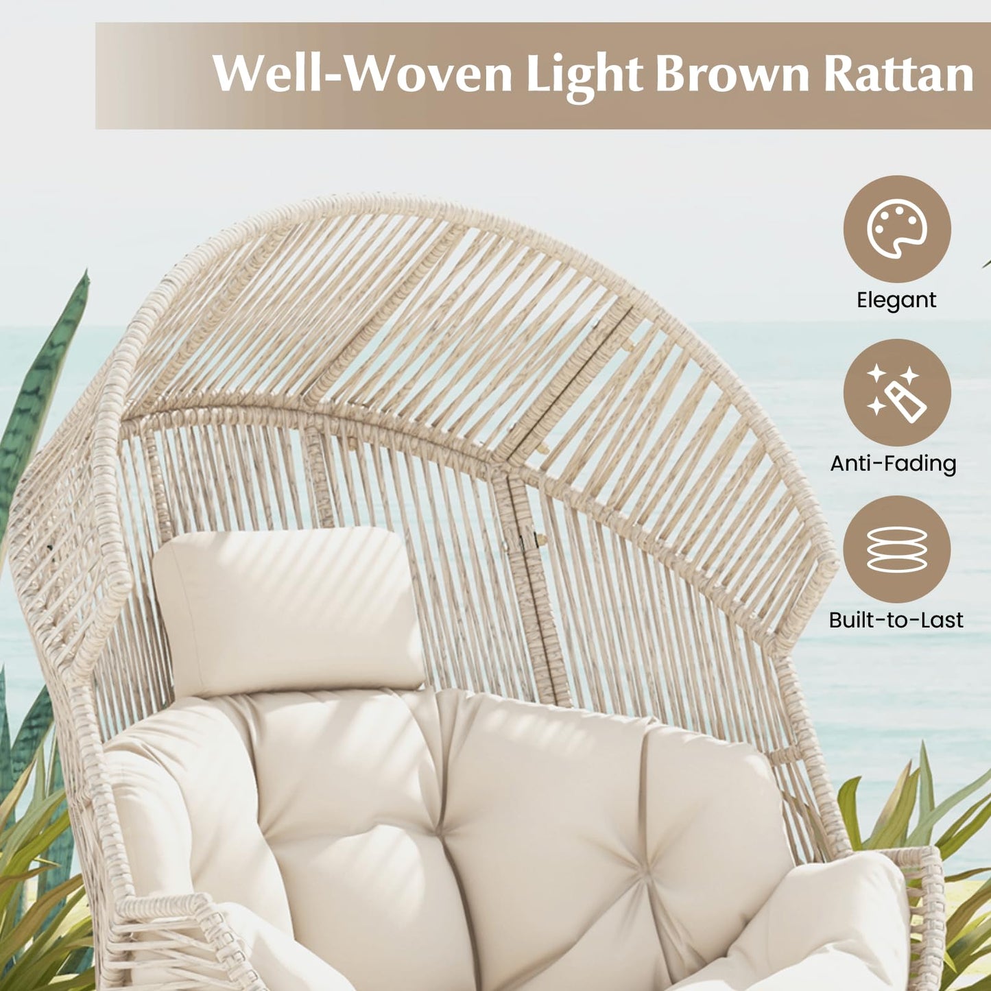 Oversized Wicker Egg Chair with Thick Cushions and Headrest