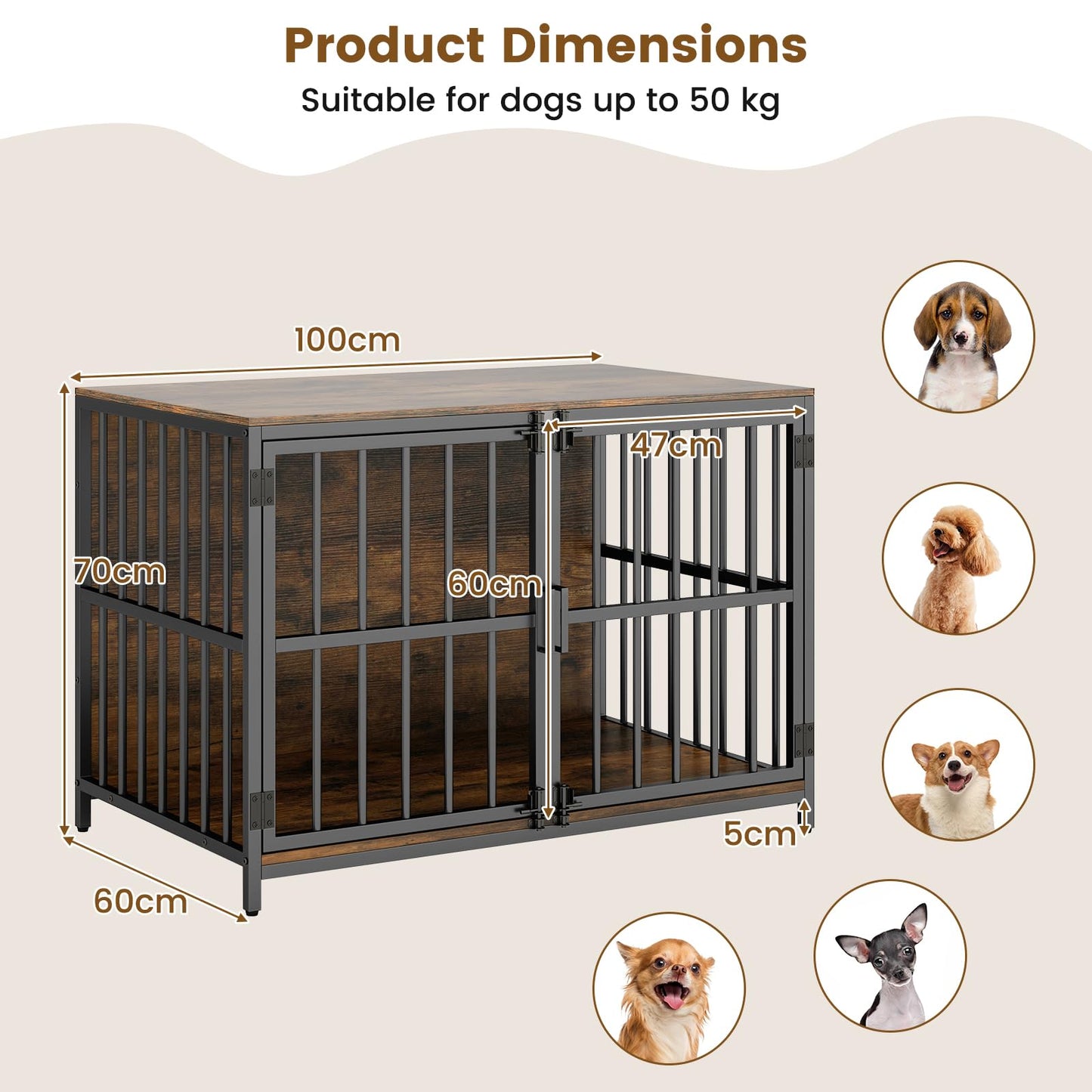 Wooden Indoor Dog Kennel with Lockable Double Doors for Small & Medium Sized Dogs