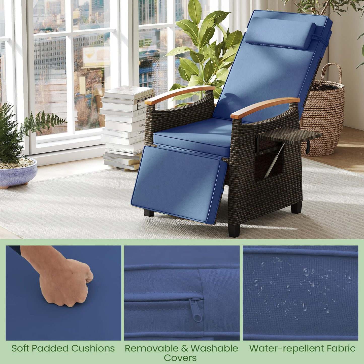 Patio Rattan Lounge Chair Recliner with Adjustable Footrest and Side Table