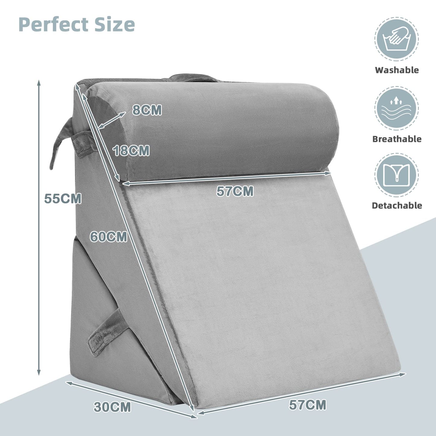 Bed Wedge Pillow with Headrest and Washable Cover for Reading
