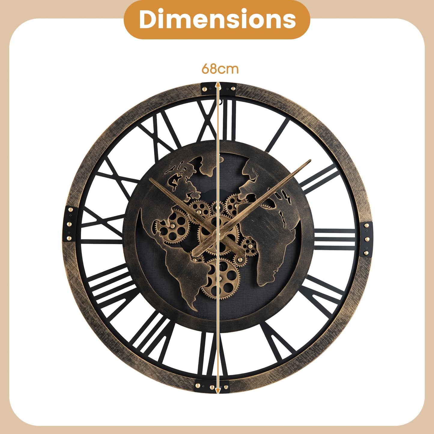 Large Wall Clock, 27”/68cm Metal Non-Ticking Decorative Clock, Battery-Operated Wall Decoration