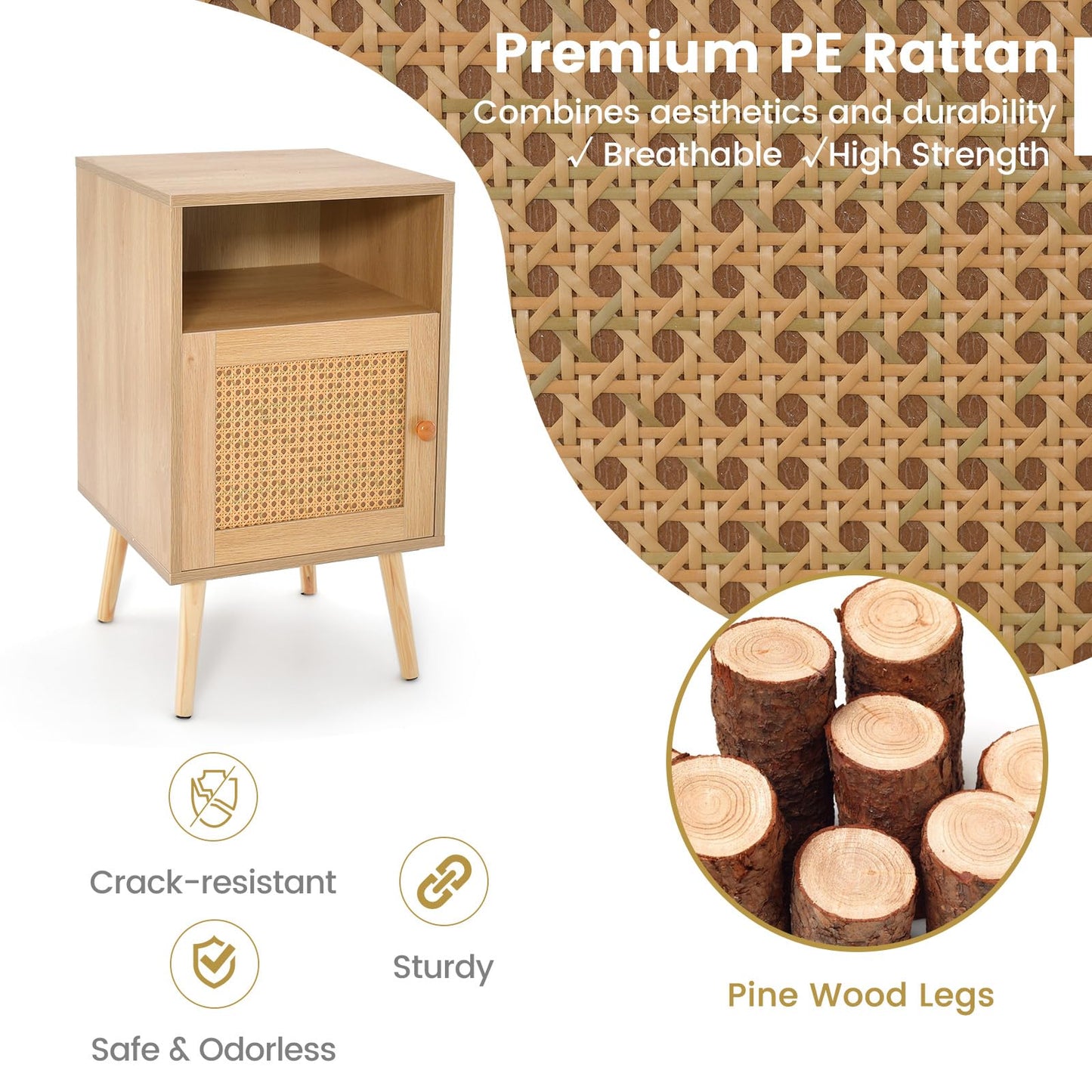 Rattan Nightstand with Storage and PE Rattan Decorated Door