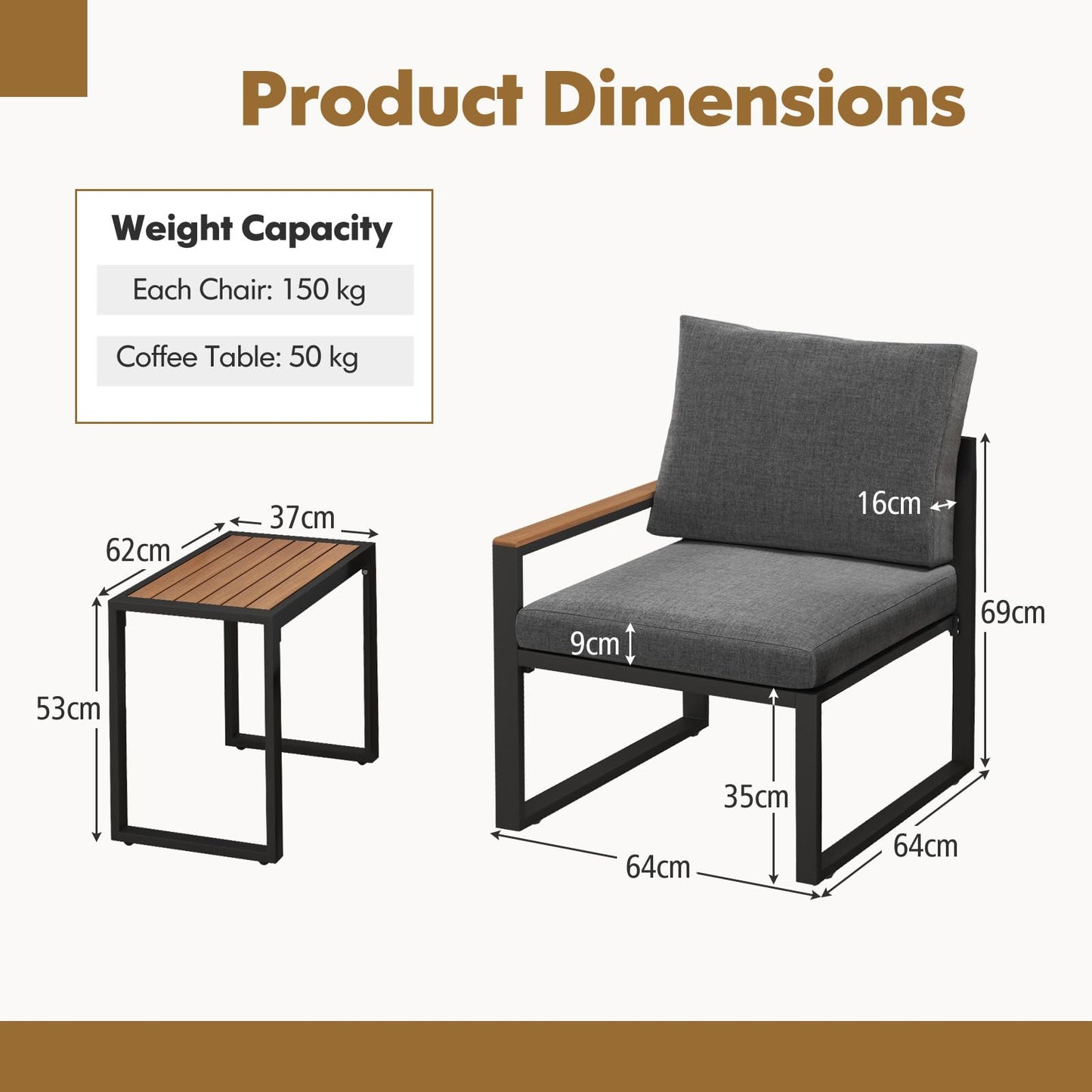 3-Piece Aluminum Frame Garden Conversation Furniture Set with Removable Cushions