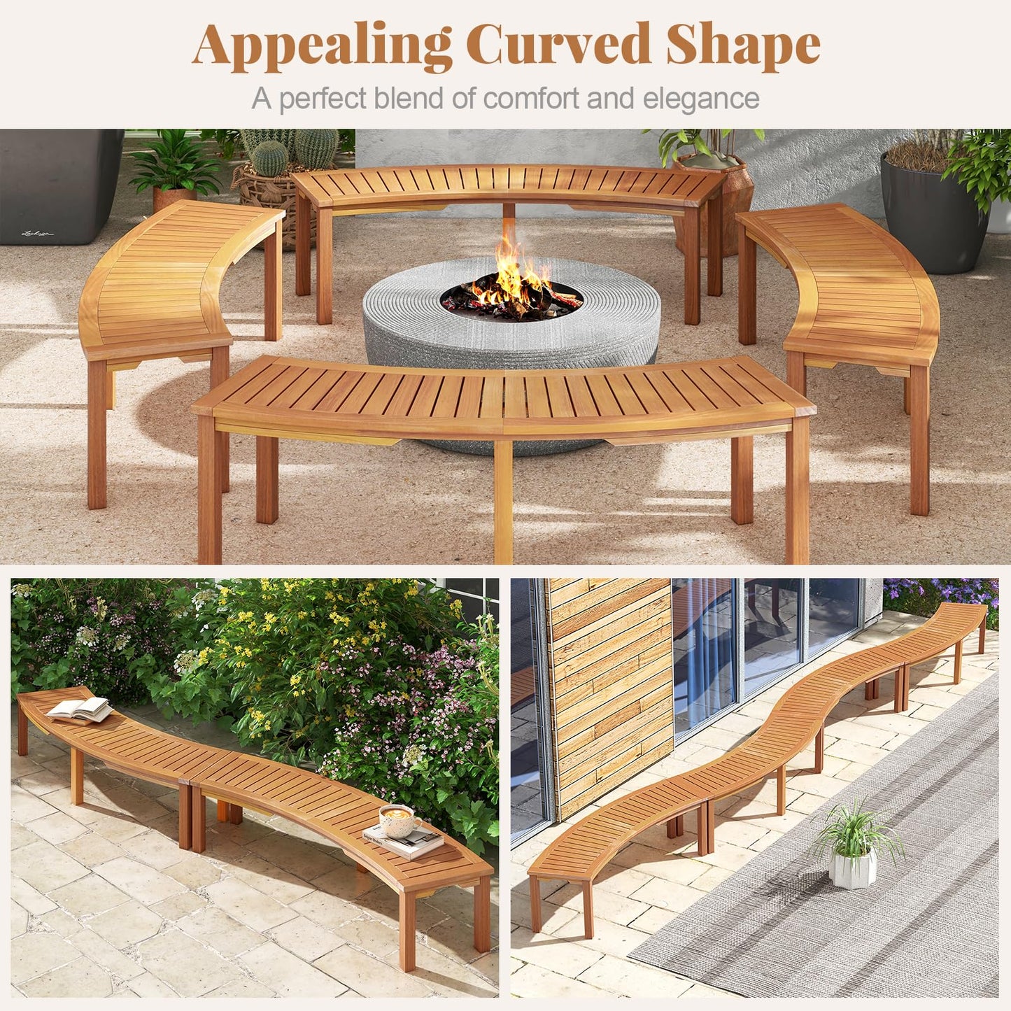 Curved Fire Pit Bench with Slatted Seat and Painted Surface