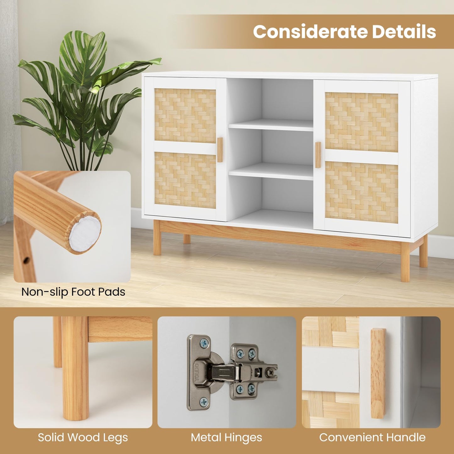 120 CM Sideboard Buffet Cabinet with 2 Bamboo Woven Doors and 3 Open Shelves